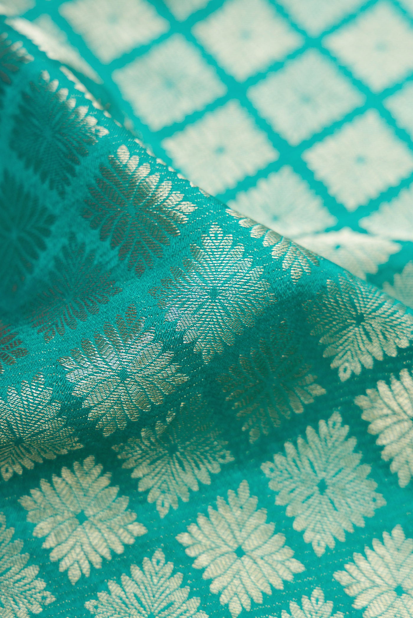 Close up of Sky Blue Mysore Crepe Saree with Zari Brocade on the body and Zari Border.  displaying folds