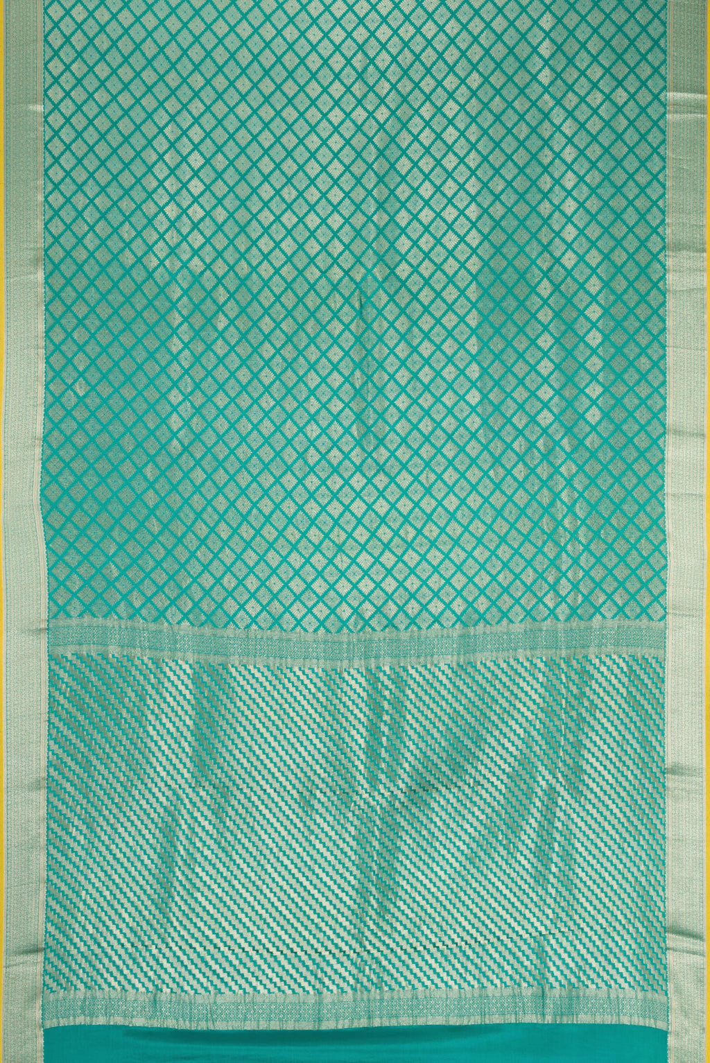 Flat view of Sky Blue Mysore Crepe Saree with Zari Brocade on the body and Zari Border. 