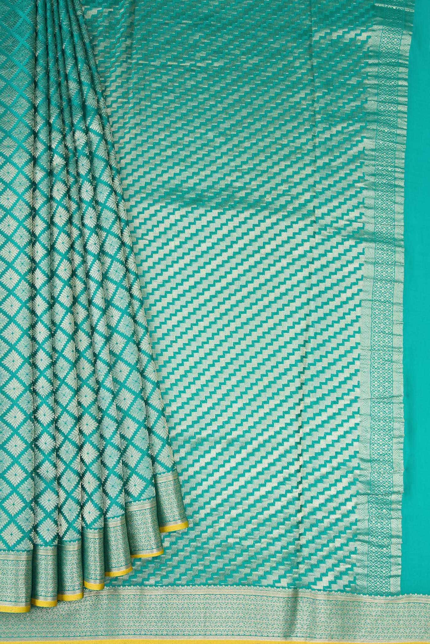 Pleats and pallu of Sky Blue Mysore Crepe Saree with Zari Brocade on the body and Zari Border. 