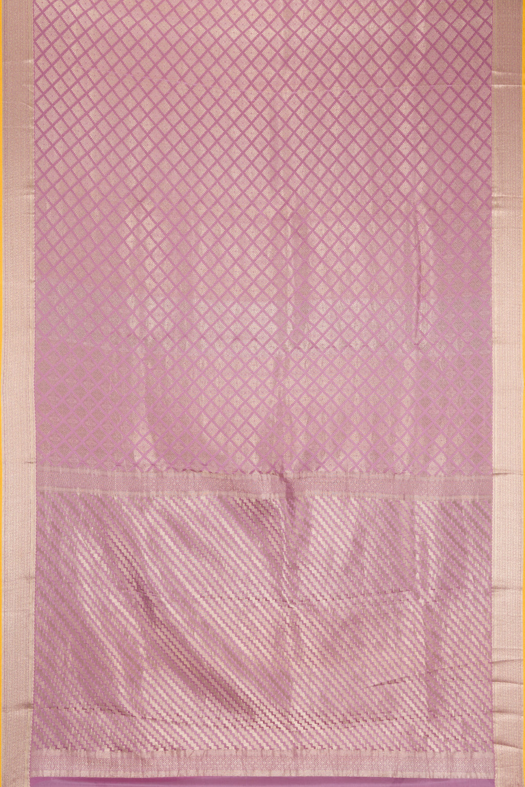 Flat view of Lavender Dual Tone Mysore Crepe Saree with Zari Brocade on the body and Zari Border. 
