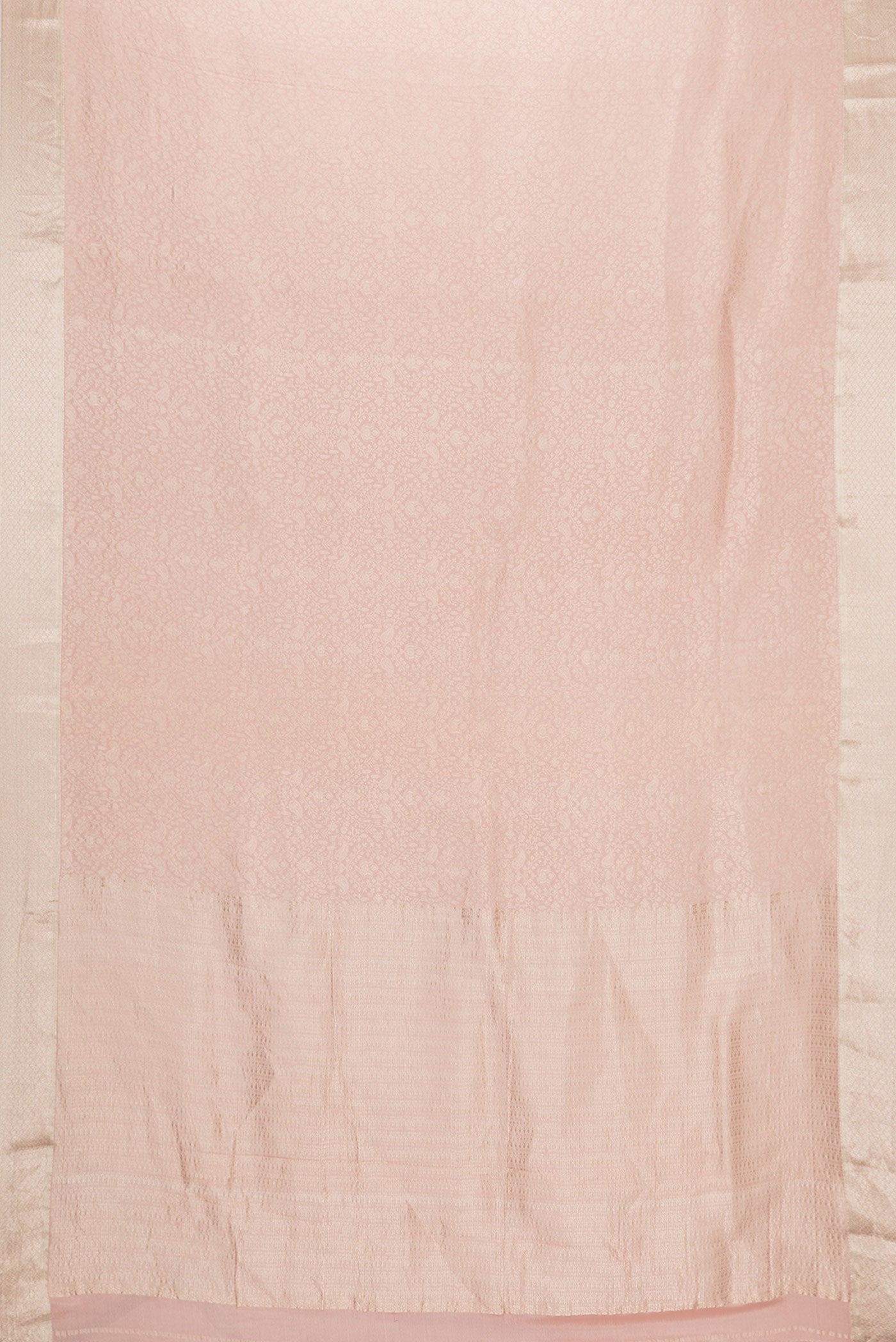 Flat view of Golden Peach Dual Tone Banarasi Georgette Saree with Zari Brocade on the body and Zari Border. 