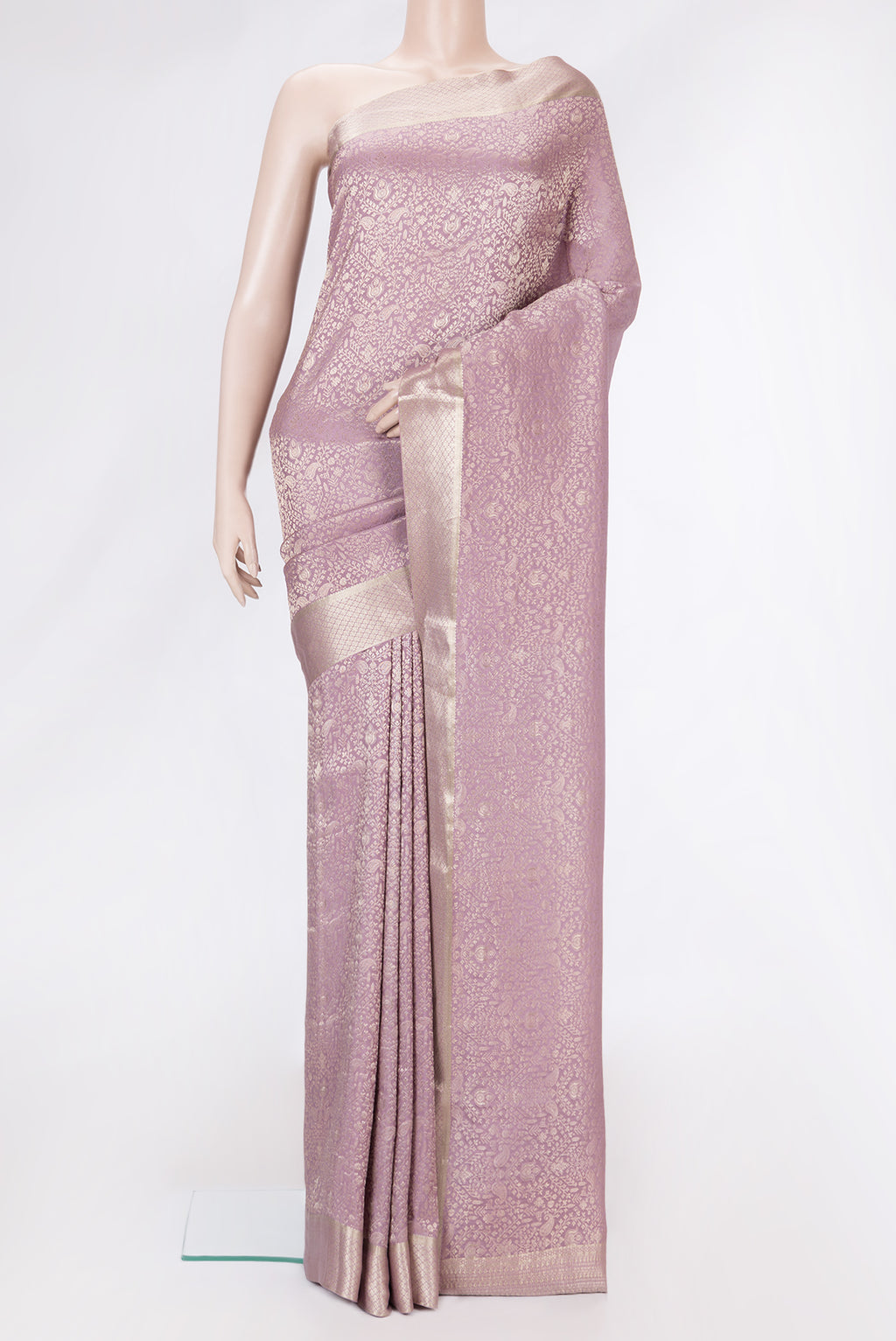 Lavender Dual Tone Banarasi Georgette Saree with Zari Brocade on the body and Zari Border.  displayed on a mannequin