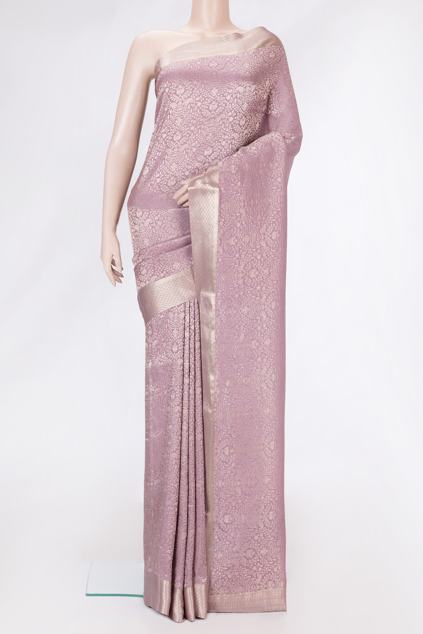 Lavender Dual Tone Banarasi Georgette Saree with Zari Brocade on the body and Zari Border.  displayed on a mannequin