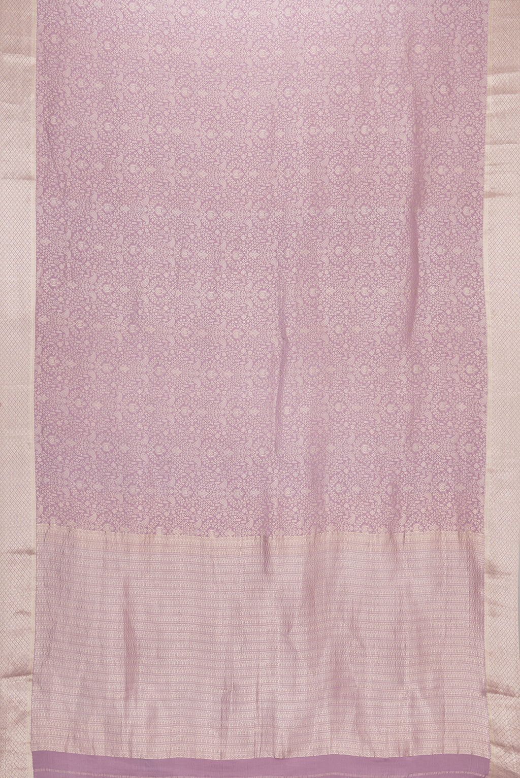 Flat view of Lavender Dual Tone Banarasi Georgette Saree with Zari Brocade on the body and Zari Border. 