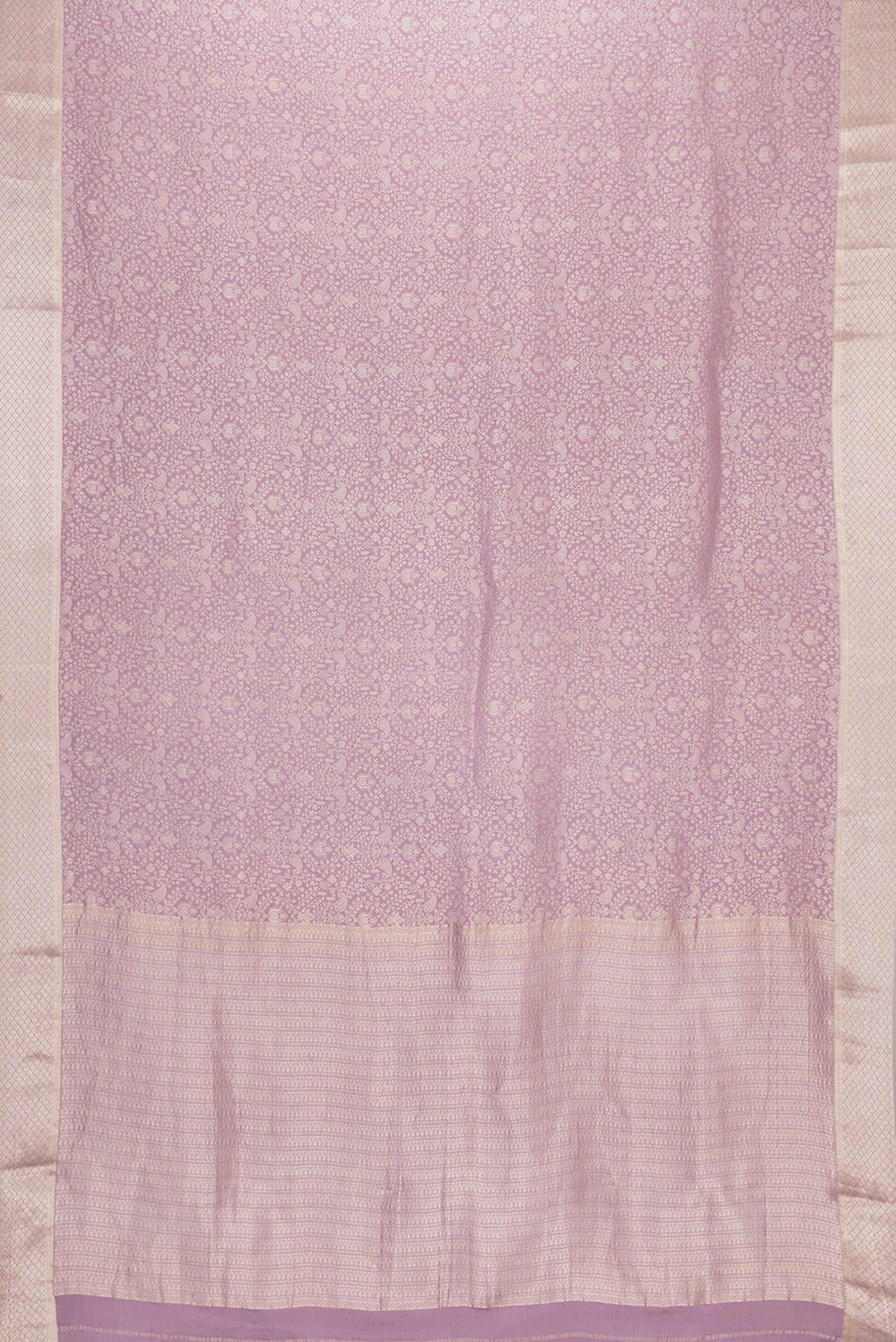 Flat view of Lavender Dual Tone Banarasi Georgette Saree with Zari Brocade on the body and Zari Border. 