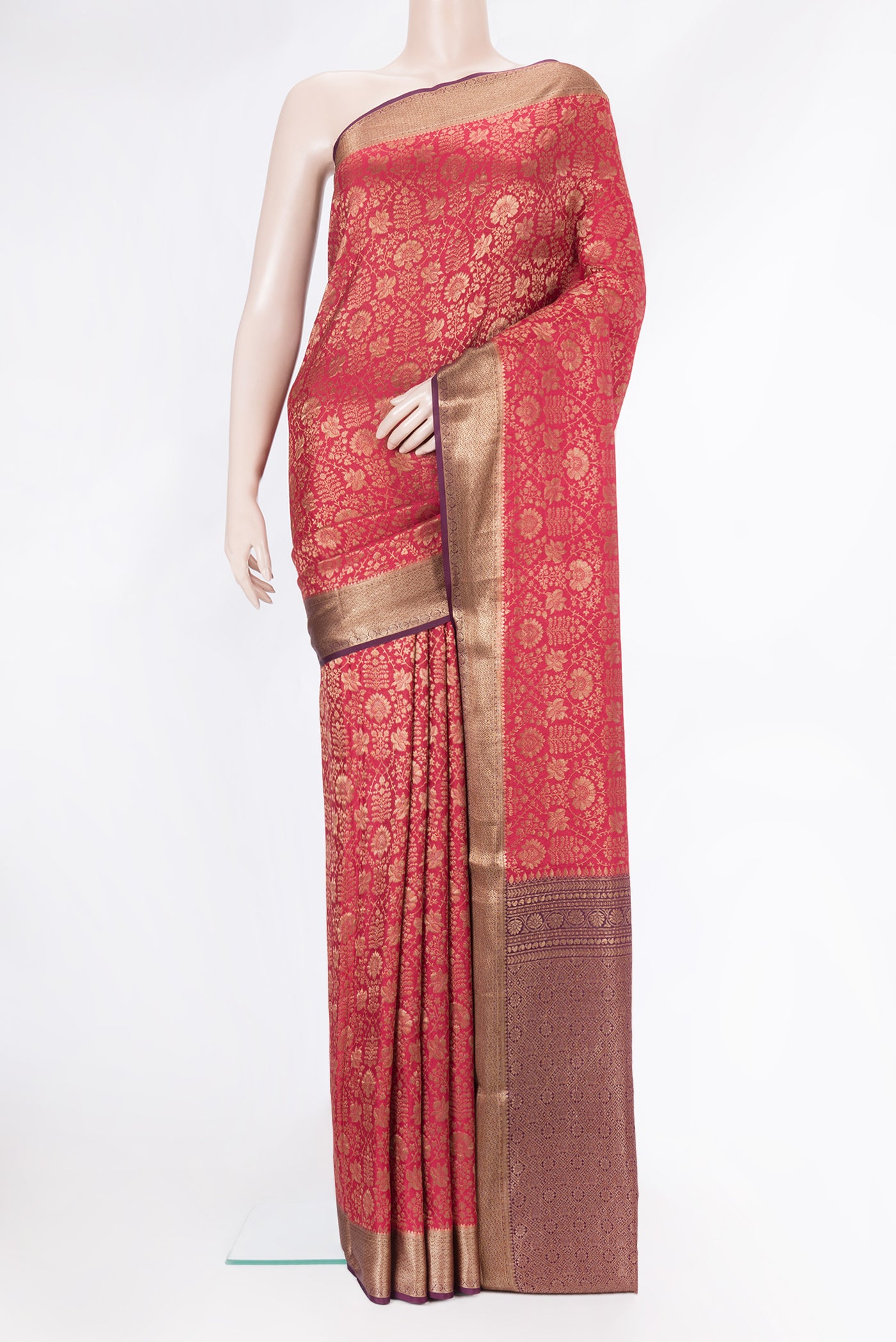 Pink Dual Tone Mysore Crepe Saree with Zari Brocade on the body and Zari Border.  displayed on a mannequin