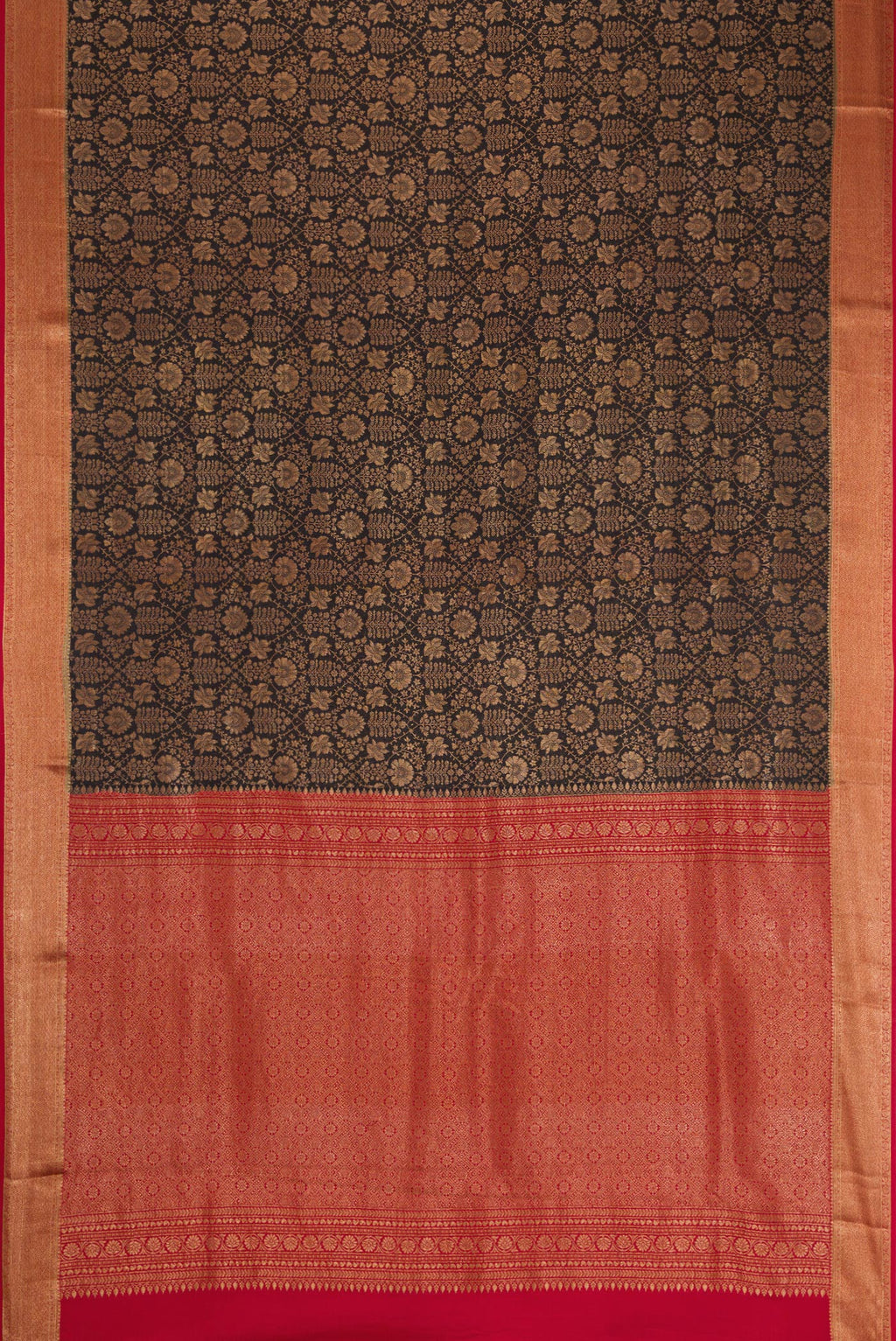 Flat view of Black Mysore Crepe Saree with Zari Brocade on the body and Zari Border. 