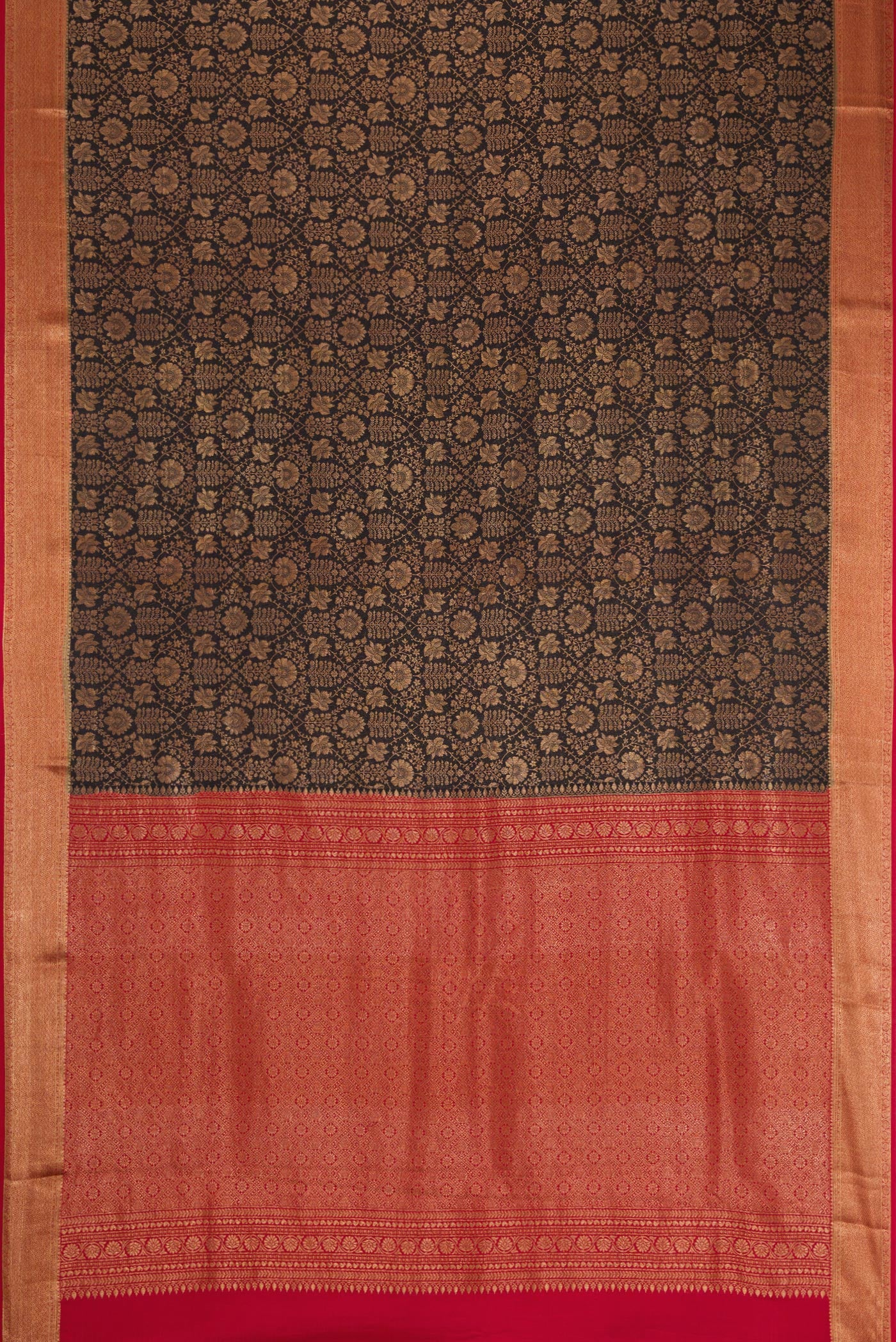 Flat view of Black Mysore Crepe Saree with Zari Brocade on the body and Zari Border. 