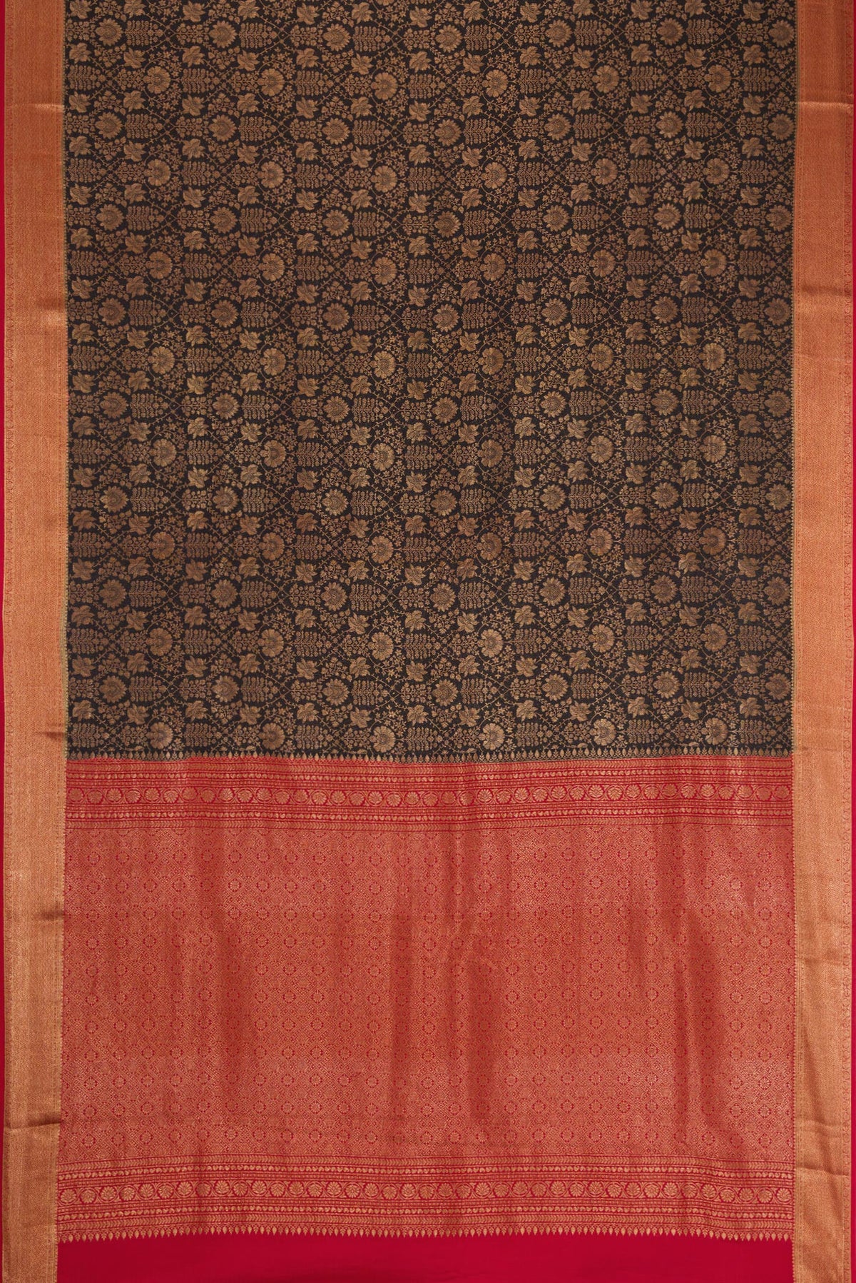 Flat view of Black Mysore Crepe Saree with Zari Brocade on the body and Zari Border. 