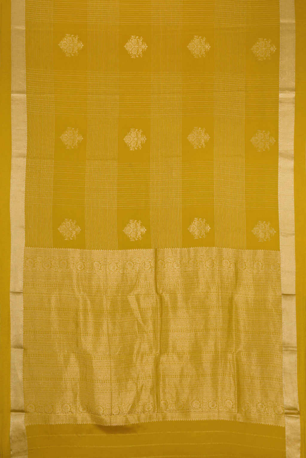 Flat view of Mehandi Green Dual Tone Mysore Crepe Saree with Zari Butta on the body and Zari Border. 