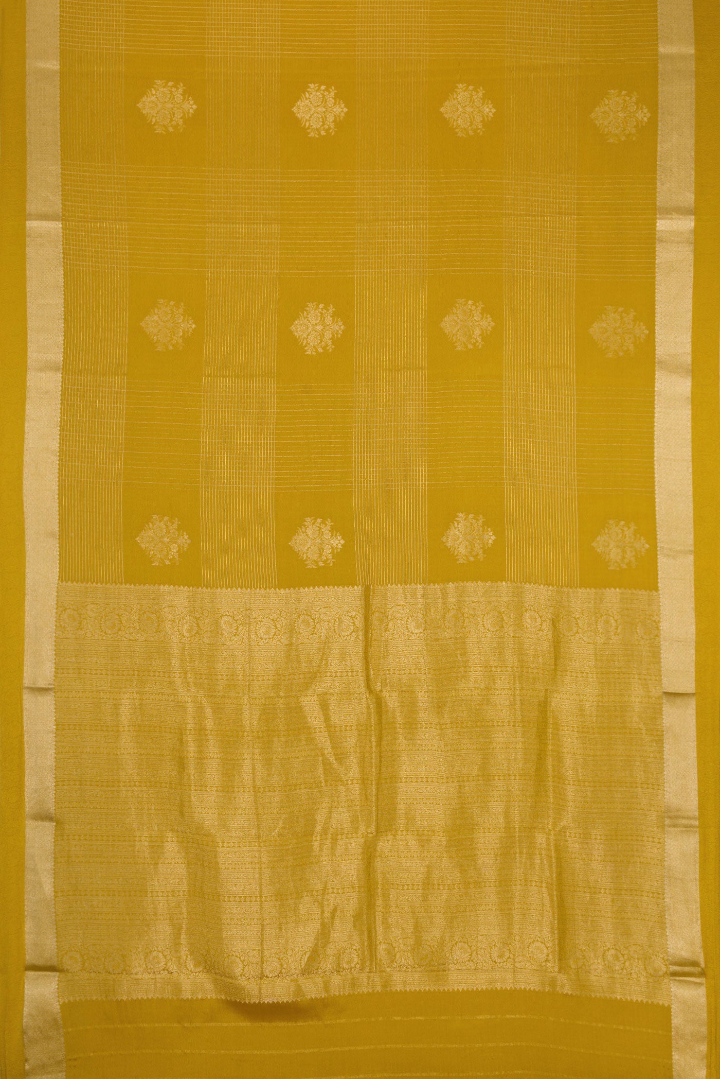 Flat view of Mehandi Green Dual Tone Mysore Crepe Saree with Zari Butta on the body and Zari Border. 