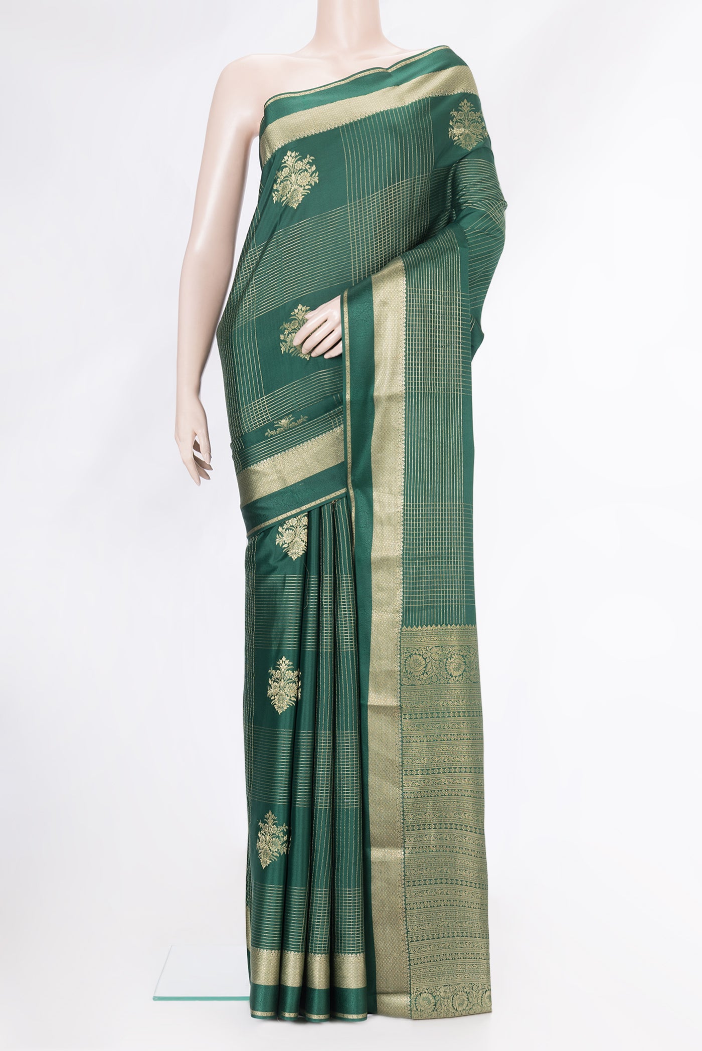 Bottle Green Dual Tone Banarasi Georgette Saree with Checked design on the body and Zari Border.  displayed on a mannequin