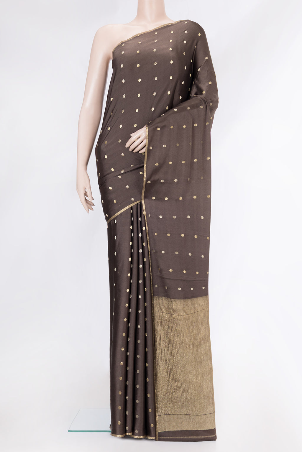 Brown Dual Tone Mysore Silk Saree with Zari Butta on the body and Zari Border.  displayed on a mannequin