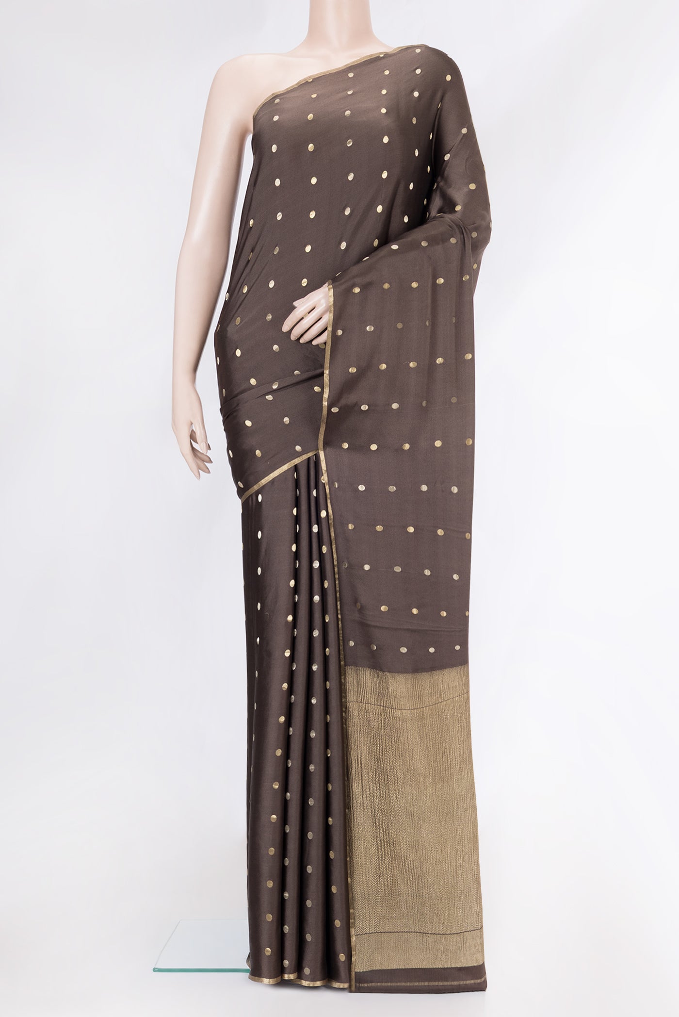 Brown Dual Tone Mysore Silk Saree with Zari Butta on the body and Zari Border.  displayed on a mannequin