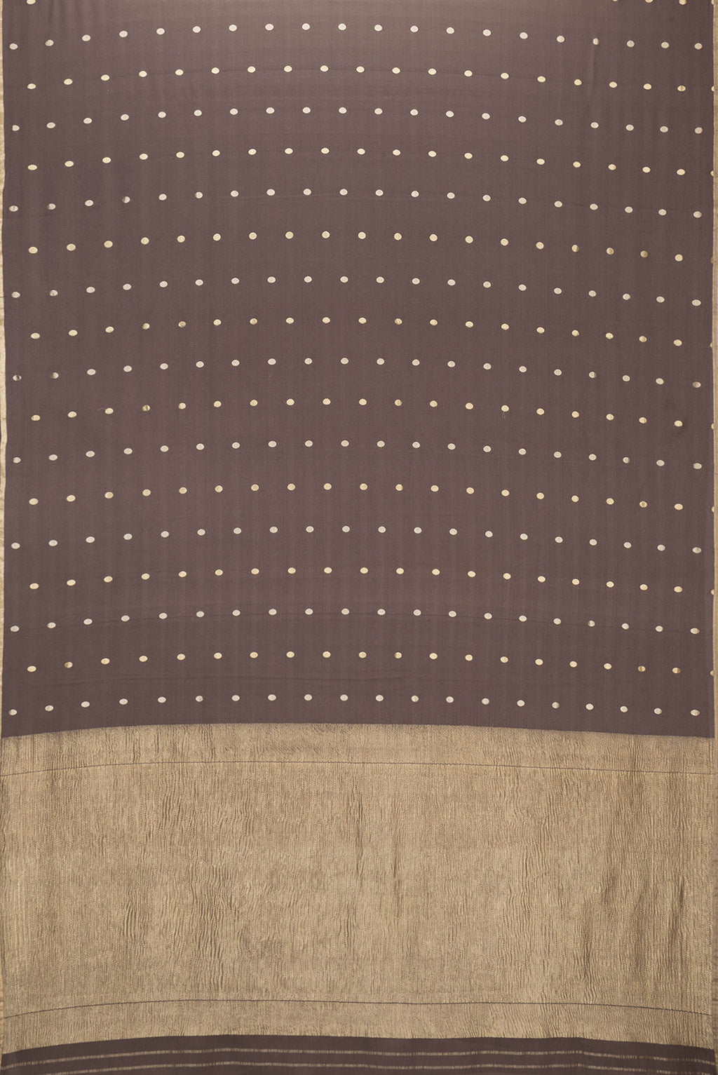 Flat view of Brown Dual Tone Mysore Silk Saree with Zari Butta on the body and Zari Border. 