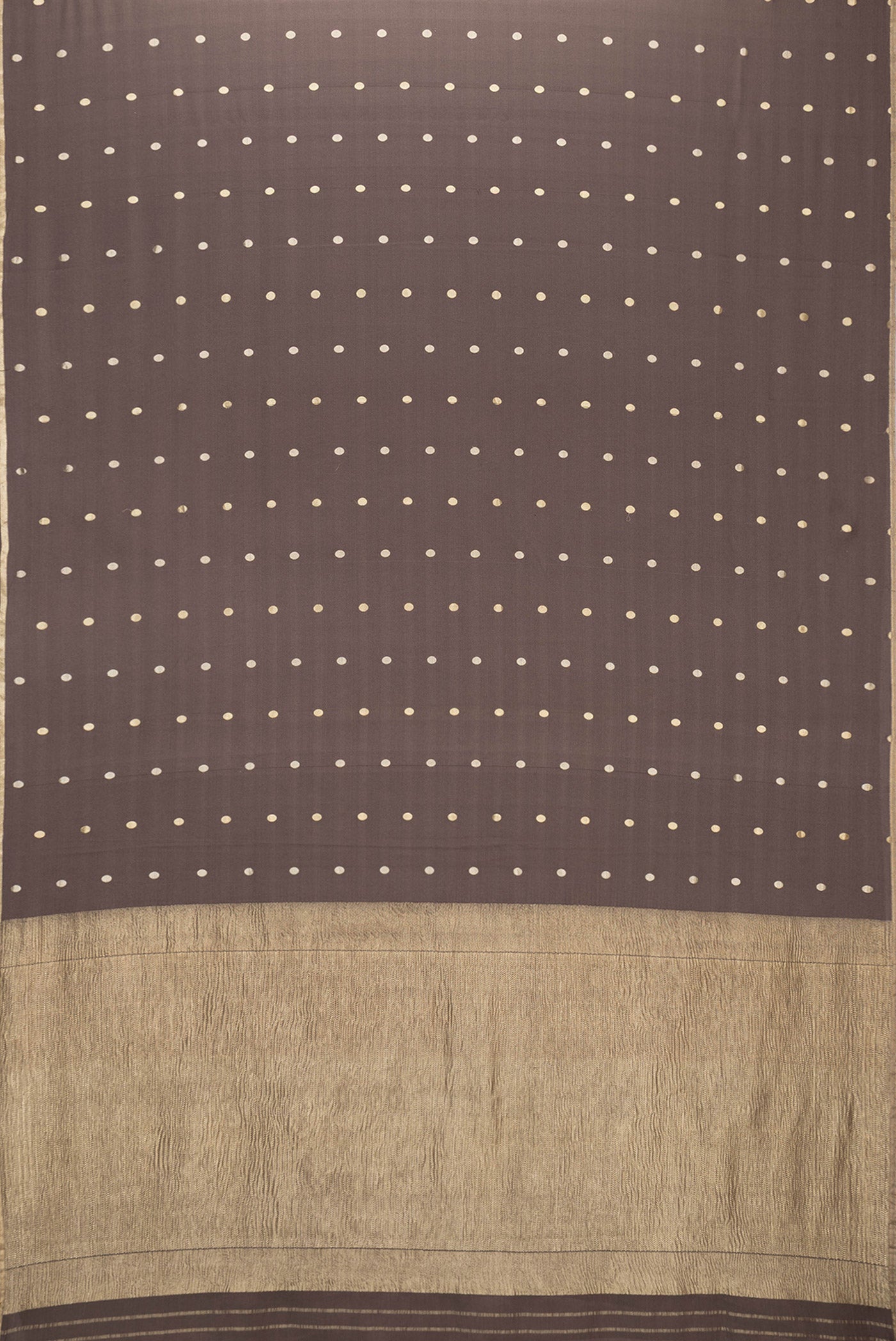 Flat view of Brown Dual Tone Mysore Silk Saree with Zari Butta on the body and Zari Border. 