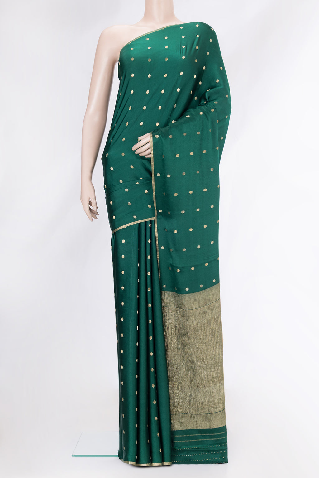 Bottle Green Dual Tone Mysore Silk Saree with Zari Butta on the body and Zari Border.  displayed on a mannequin
