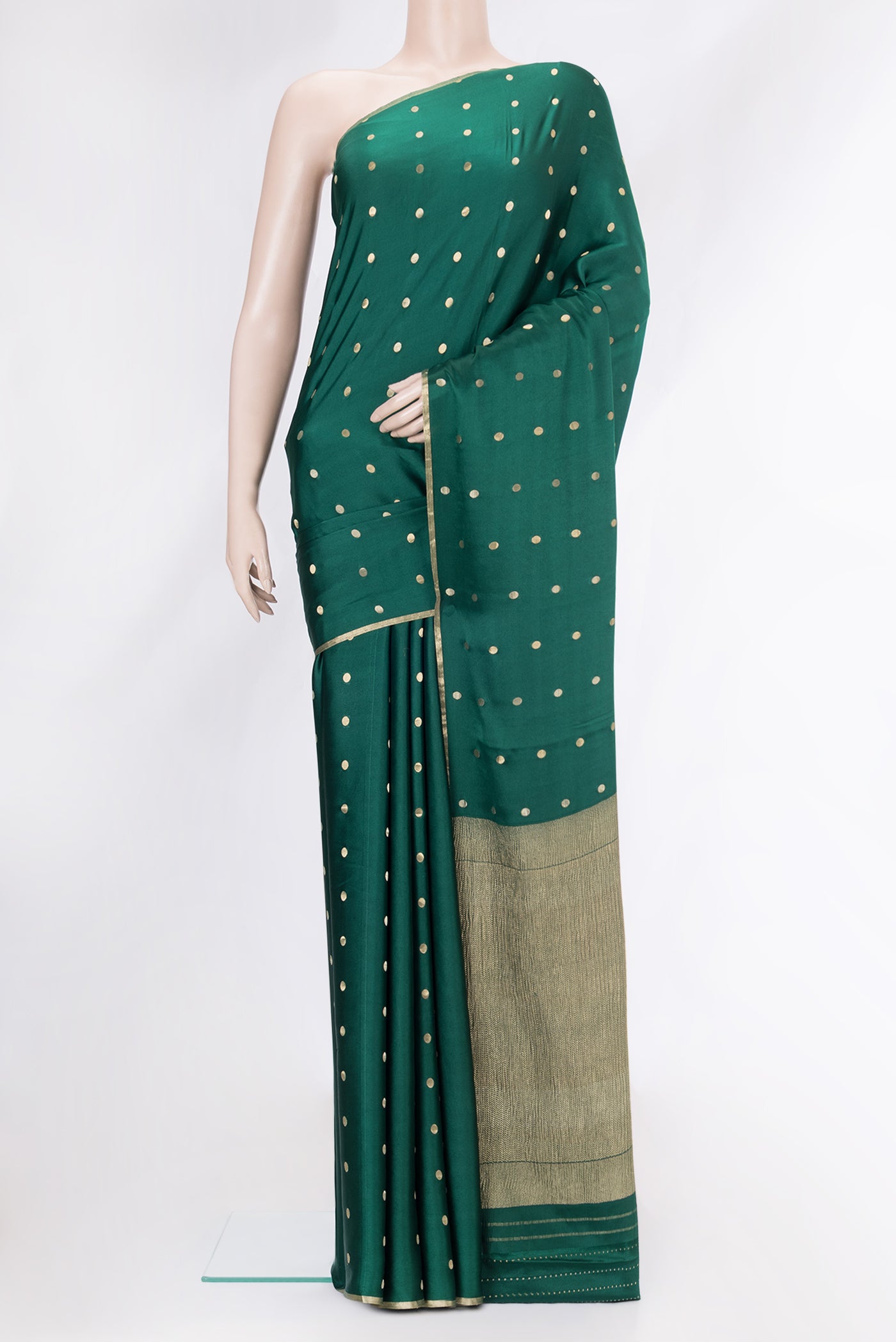 Bottle Green Dual Tone Mysore Silk Saree with Zari Butta on the body and Zari Border.  displayed on a mannequin
