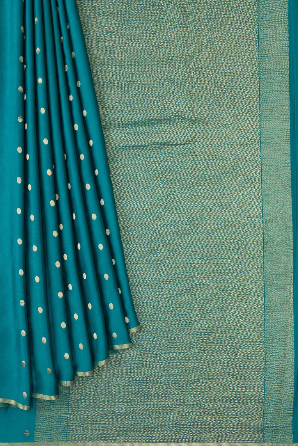 Pleats and pallu of Peacock Blue Mysore Chiffon Saree with Zari Butta on the body and Zari Border. 