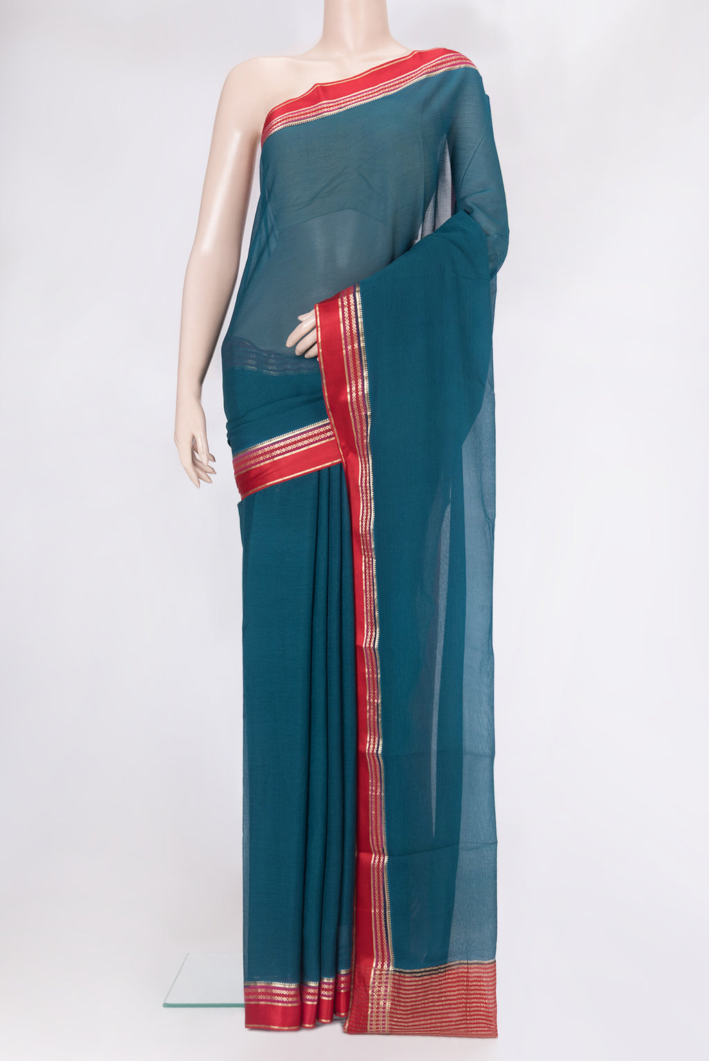 Peacock Blue Mysore Chiffon Saree with Plain Body and Zari Border.  displayed on a mannequin