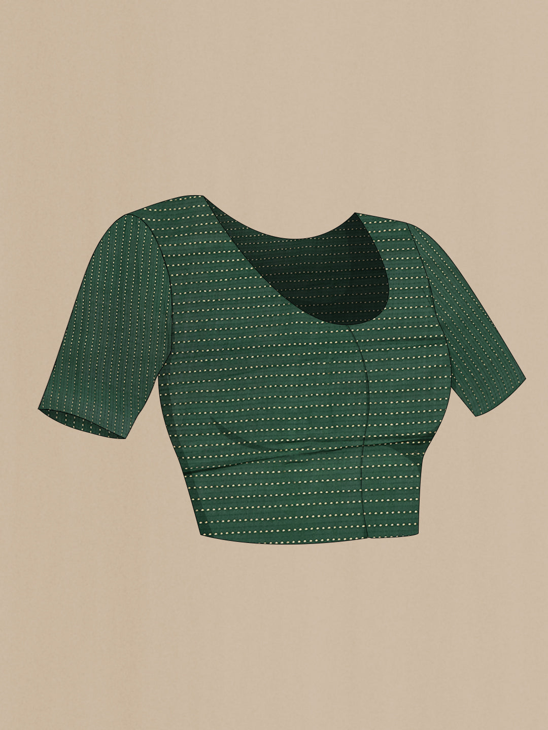 Close up image of the blouse of Bottle Green Mysore Chiffon Saree with Plain Body and Zari Border. 