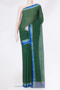 Bottle Green Mysore Chiffon Saree with Plain Body and Zari Border.  displayed on a mannequin