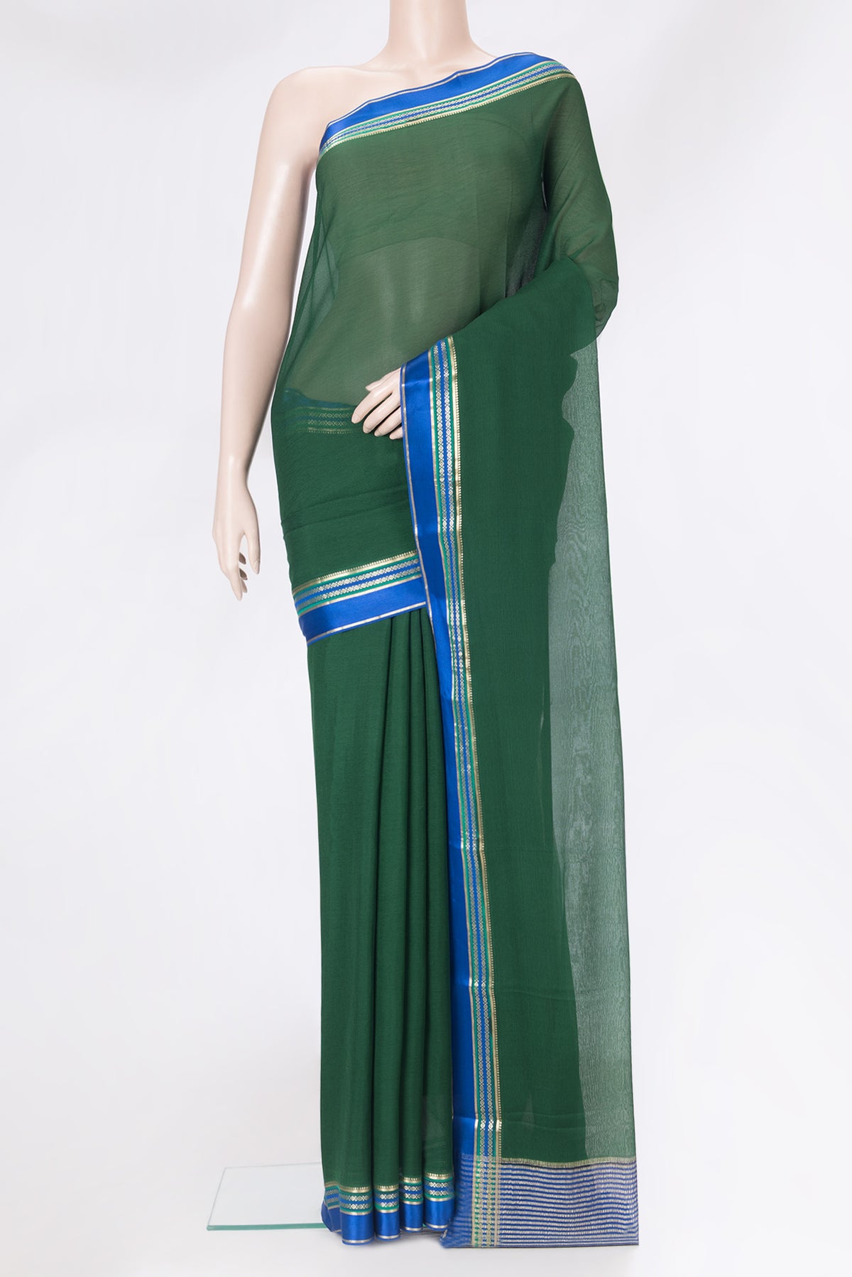 Bottle Green Mysore Chiffon Saree with Plain Body and Zari Border.  displayed on a mannequin