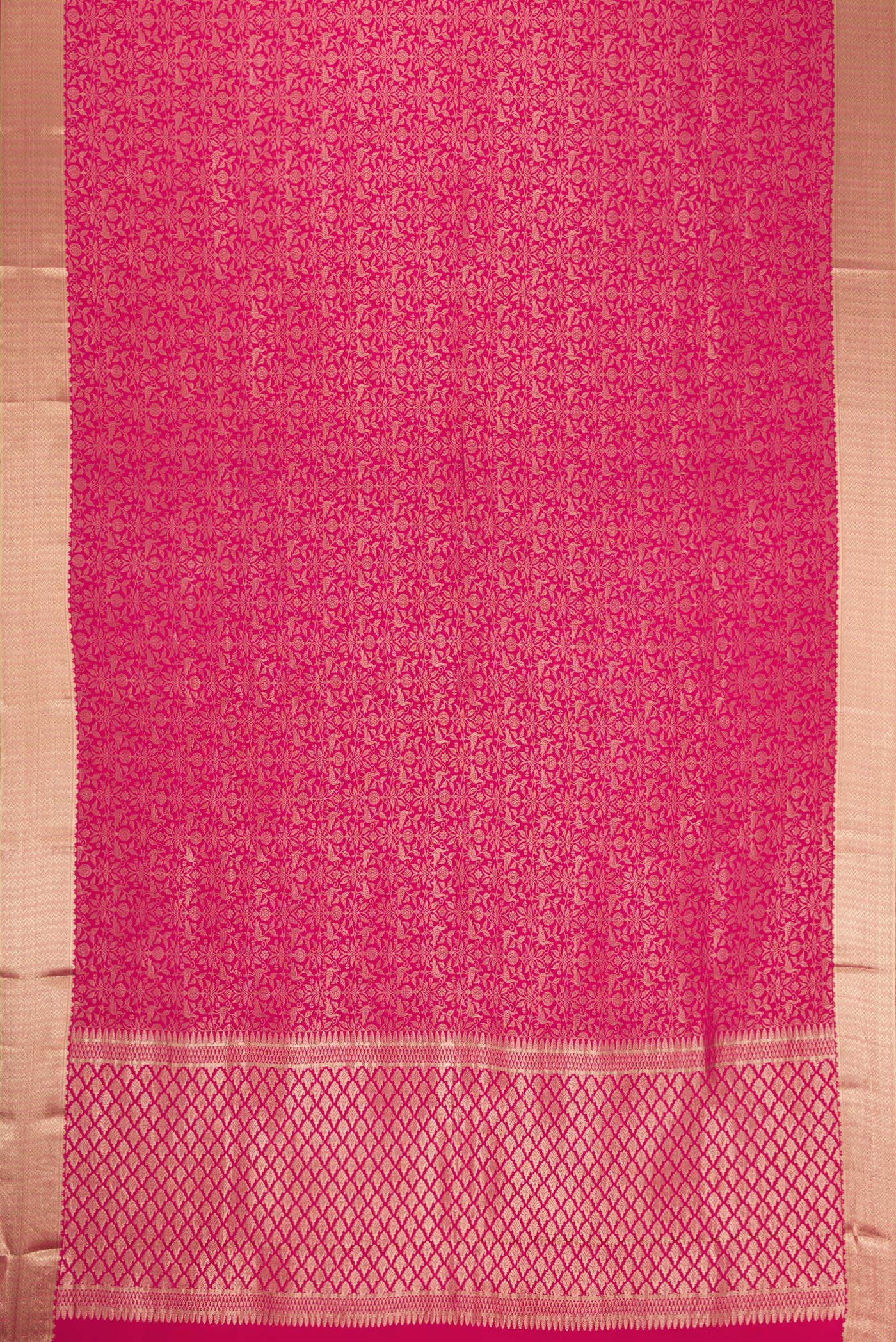 Flat view of Beige and Off White Dual Tone Georgette Saree with Zari Brocade on the body and Zari Border. 