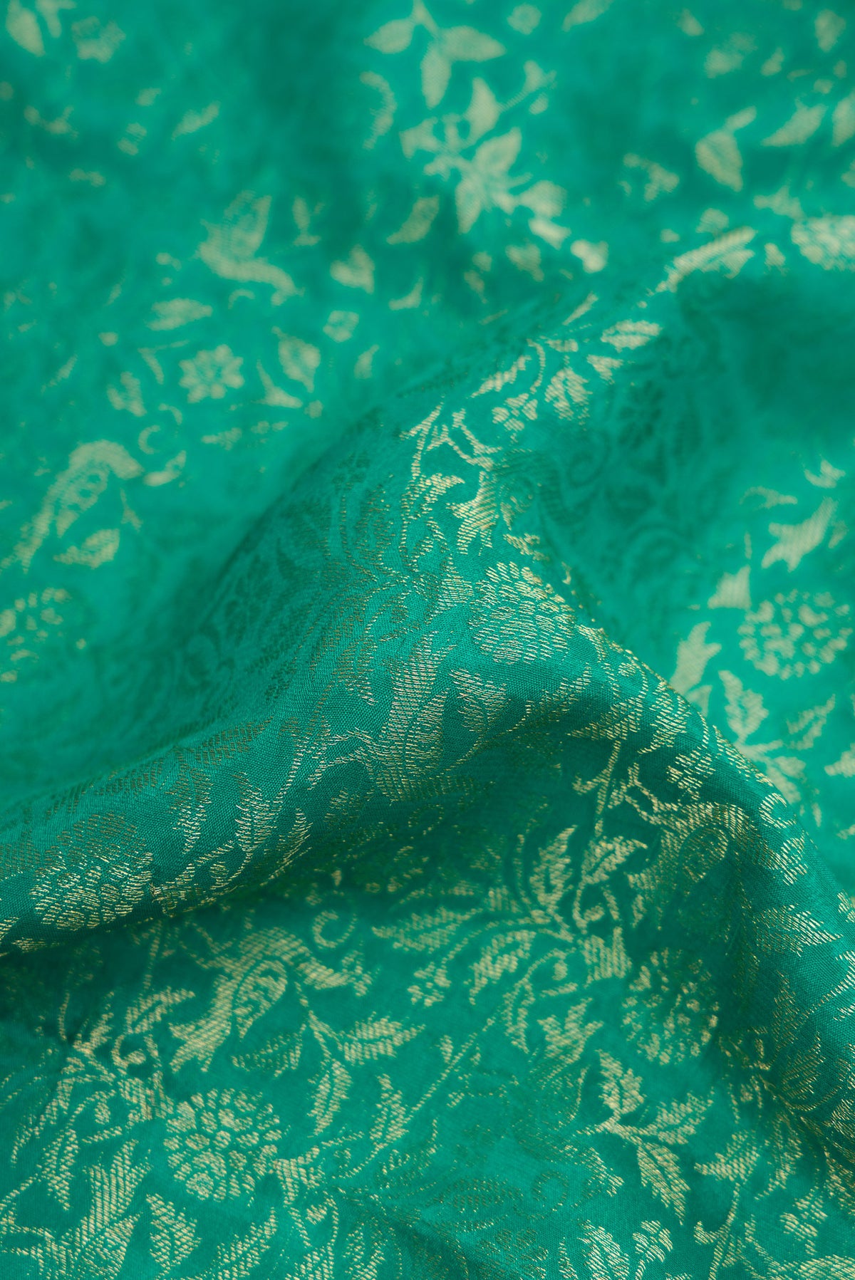 Close up of Beige and Off White Dual Tone Georgette Saree with Zari Brocade on the body and Zari Border.  displaying folds