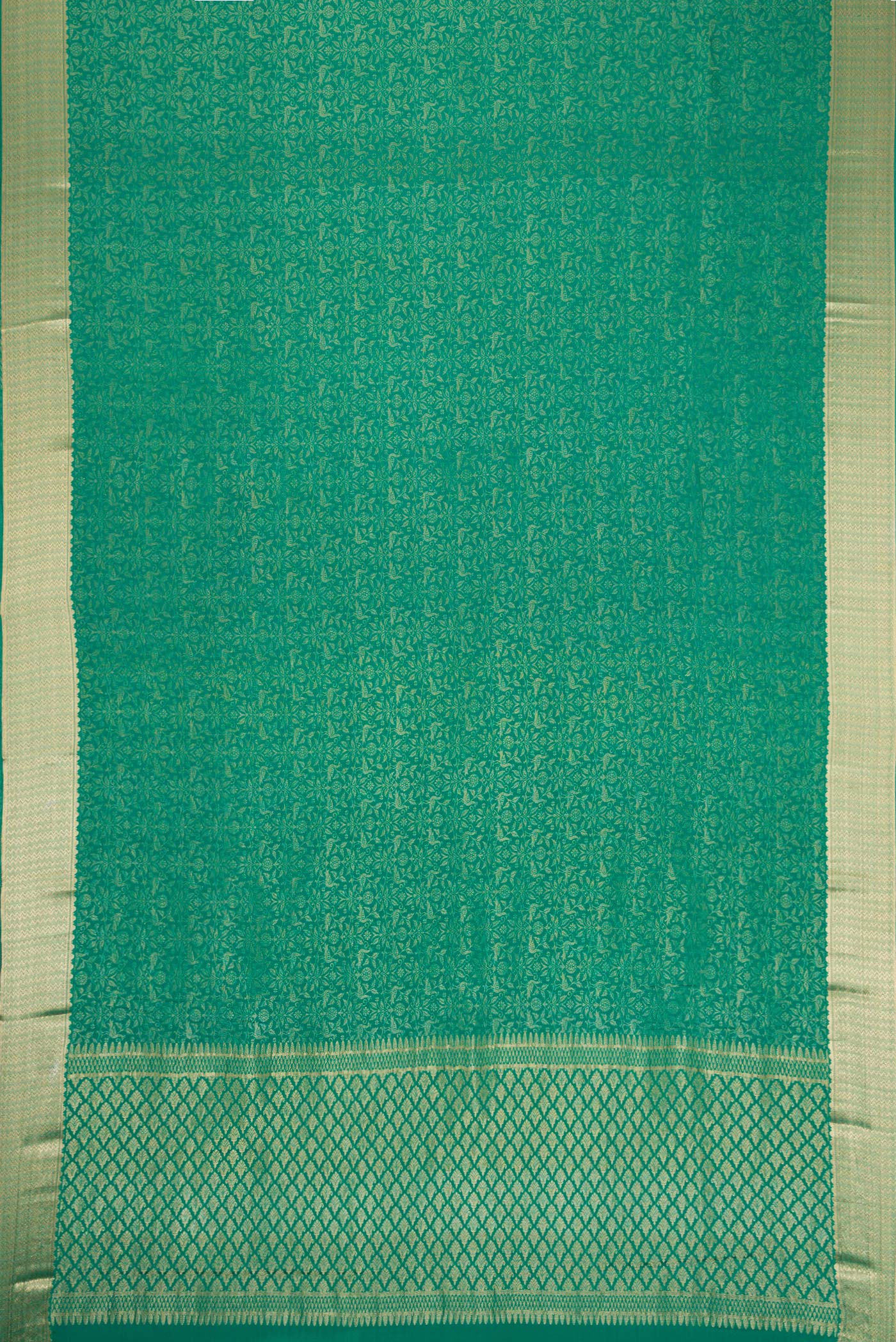 Flat view of Beige and Off White Dual Tone Georgette Saree with Zari Brocade on the body and Zari Border. 