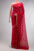 Red Mysore Chiffon Saree with Printed design on the body and Zari Border.  displayed on a mannequin
