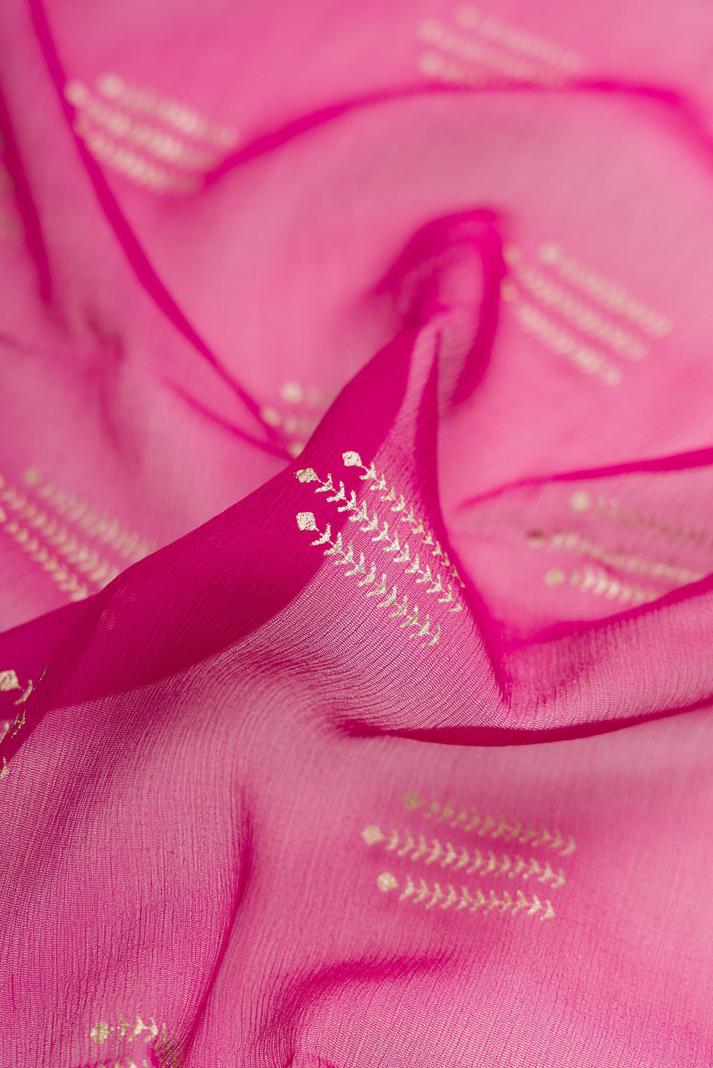 Close up of Beige and Off White Dual Tone Mysore Chiffon Saree with Zari Butta on the body and Zari Border.  displaying folds