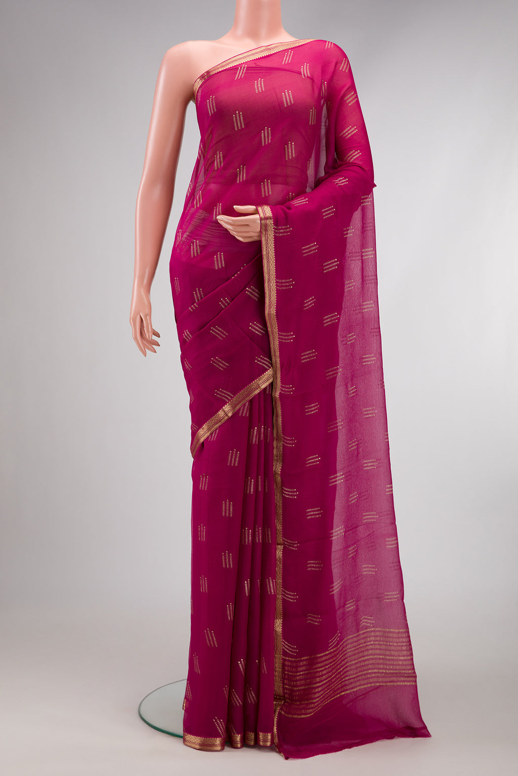Beige and Off White Dual Tone Mysore Chiffon Saree with Zari Butta on the body and Zari Border.  displayed on a mannequin