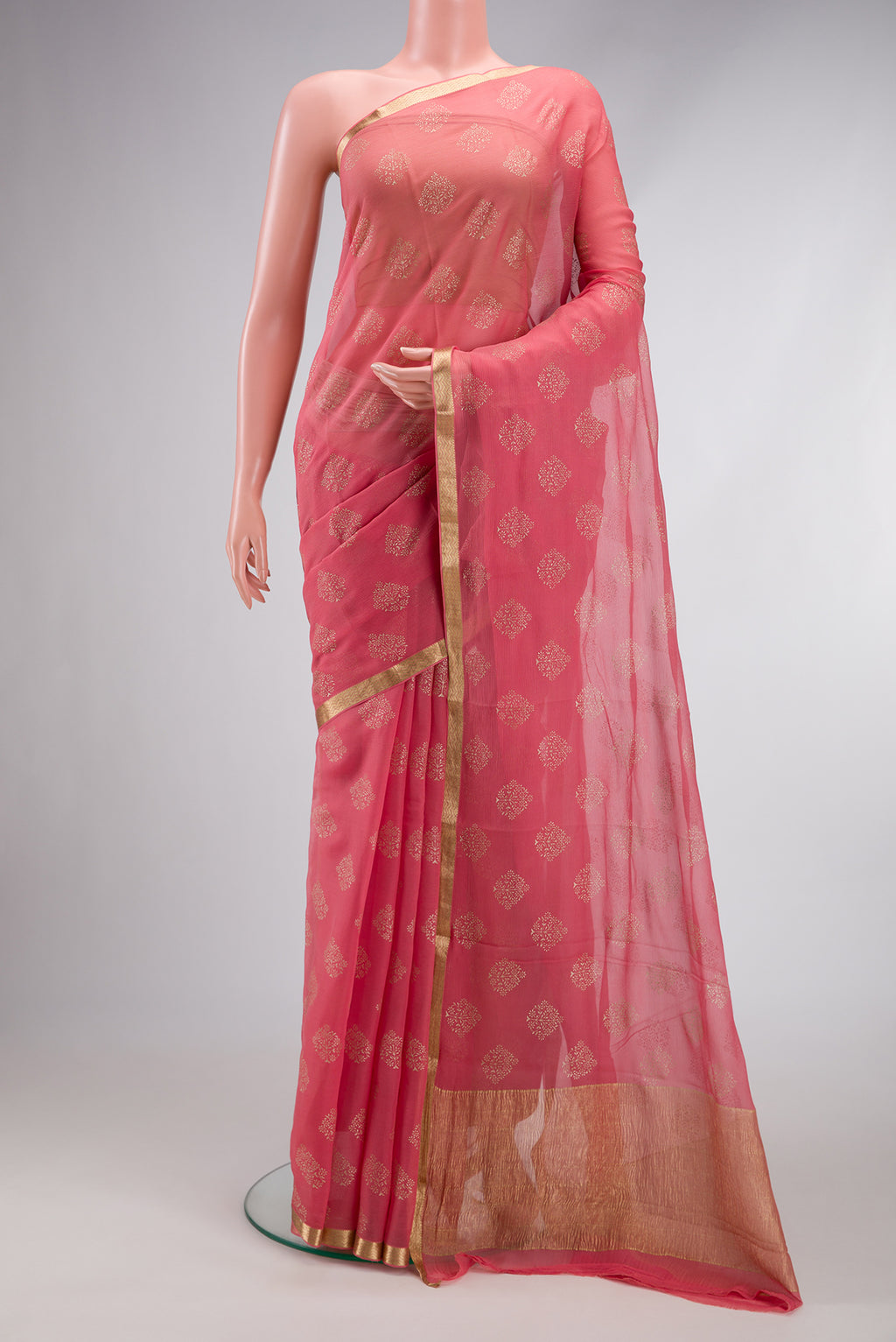 Pink Dual Tone Mysore Chiffon Saree with Zari Butta on the body and Zari Border.  displayed on a mannequin