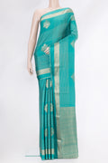 Sky Blue Dual Tone Mysore Crepe Saree with Checked design on the body and Zari And Thread Border.  displayed on a mannequin