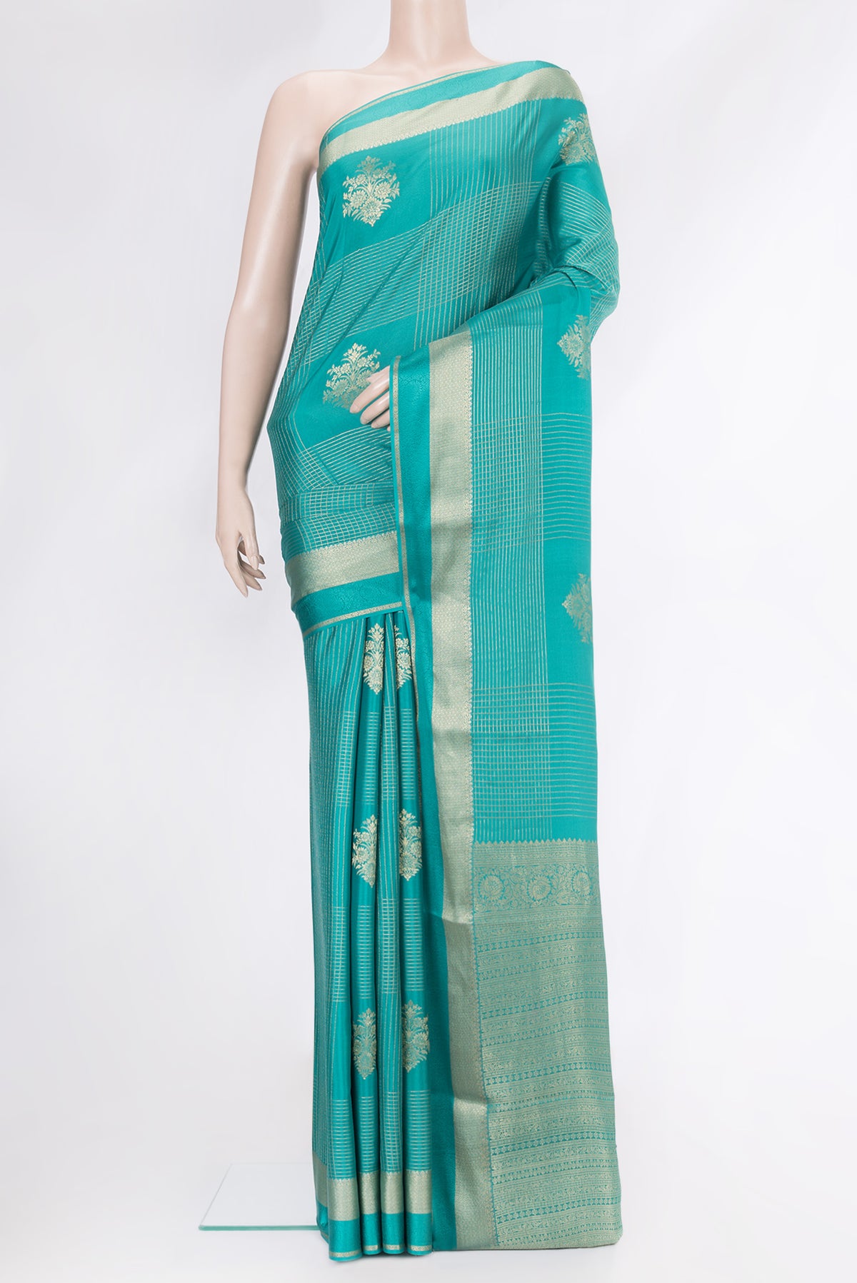 Sky Blue Dual Tone Mysore Crepe Saree with Checked design on the body and Zari And Thread Border.  displayed on a mannequin