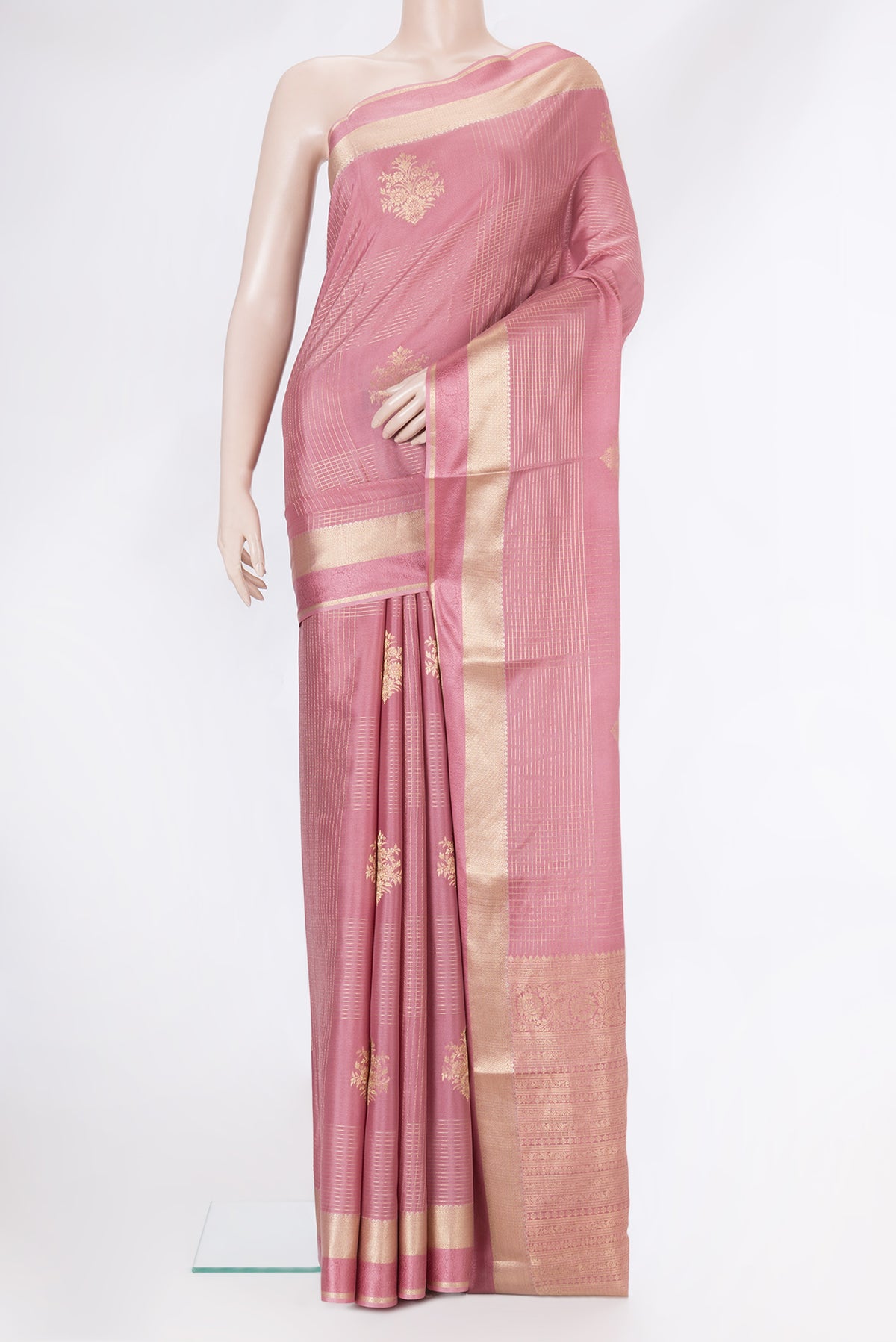 Pink Dual Tone Banarasi Georgette Saree with Checked design on the body and Zari And Thread Border.  displayed on a mannequin