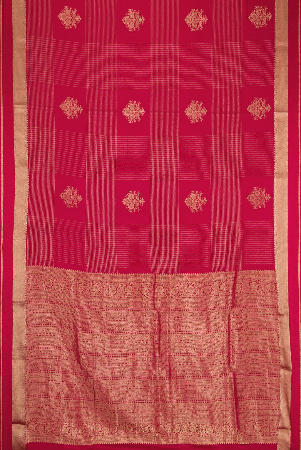 Flat view of Red Dual Tone Mysore Crepe Saree with Checked design on the body and Zari Border. 
