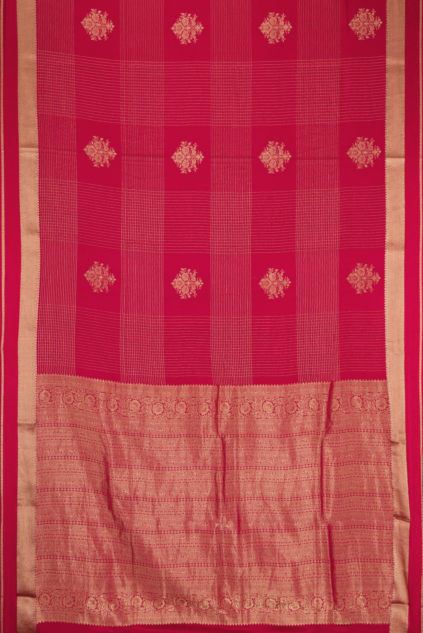 Flat view of Red Dual Tone Mysore Crepe Saree with Checked design on the body and Zari Border. 