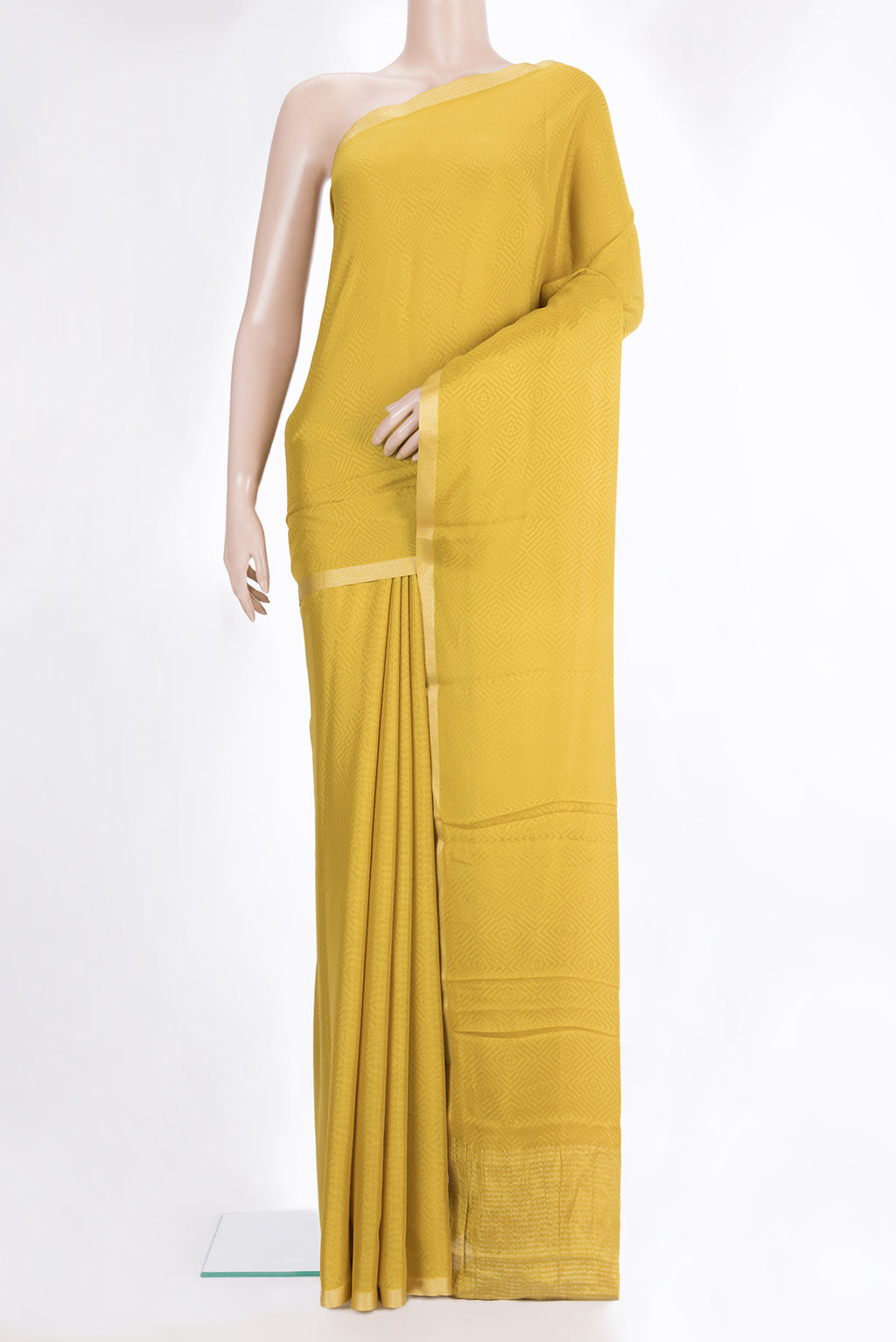 Mehandi Green Dual Tone Georgette Saree with Jacquard design on the body and Zari Border.  displayed on a mannequin