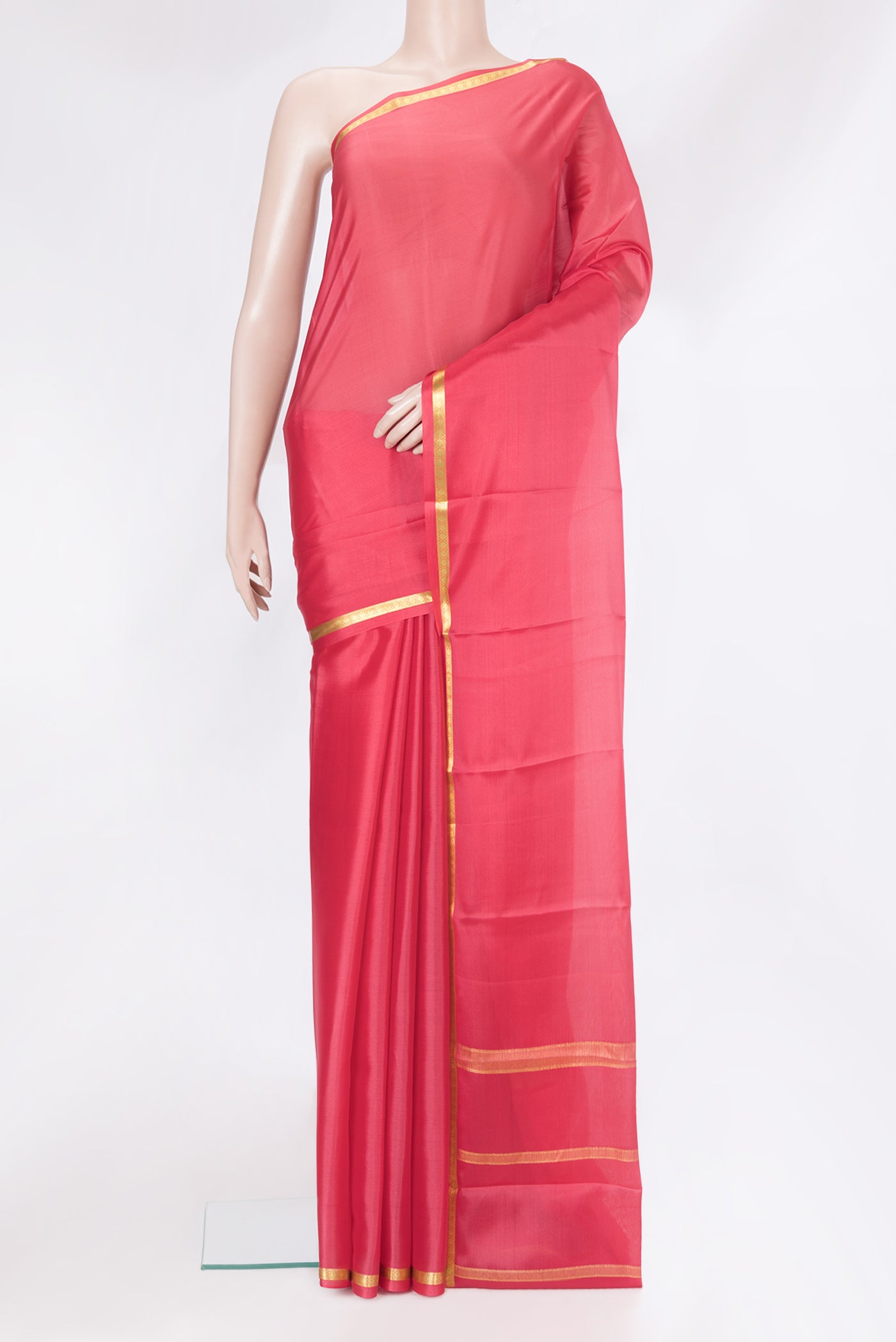 Imperial Red Mysore Silk Saree with Plain Body and Zari Border.  displayed on a mannequin