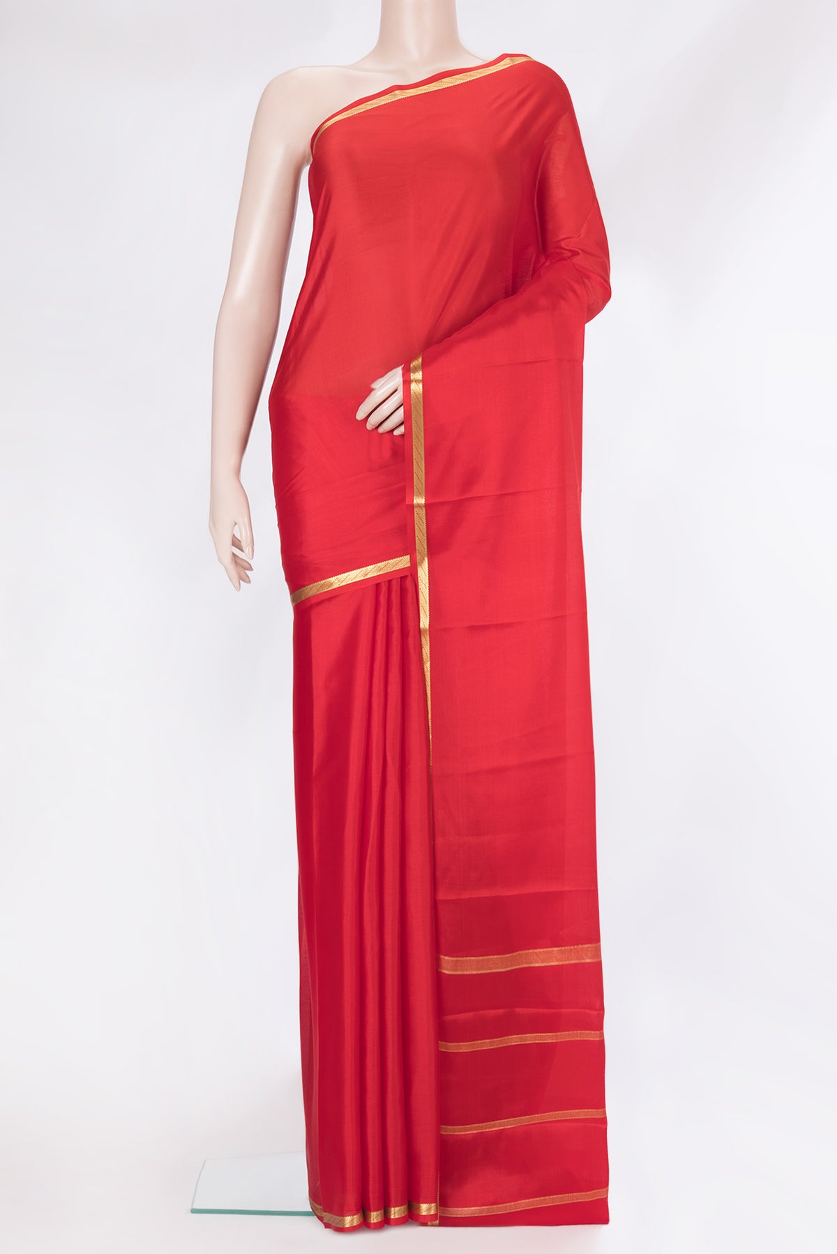 Red Mysore Silk Saree with Plain Body and Zari Border.  displayed on a mannequin