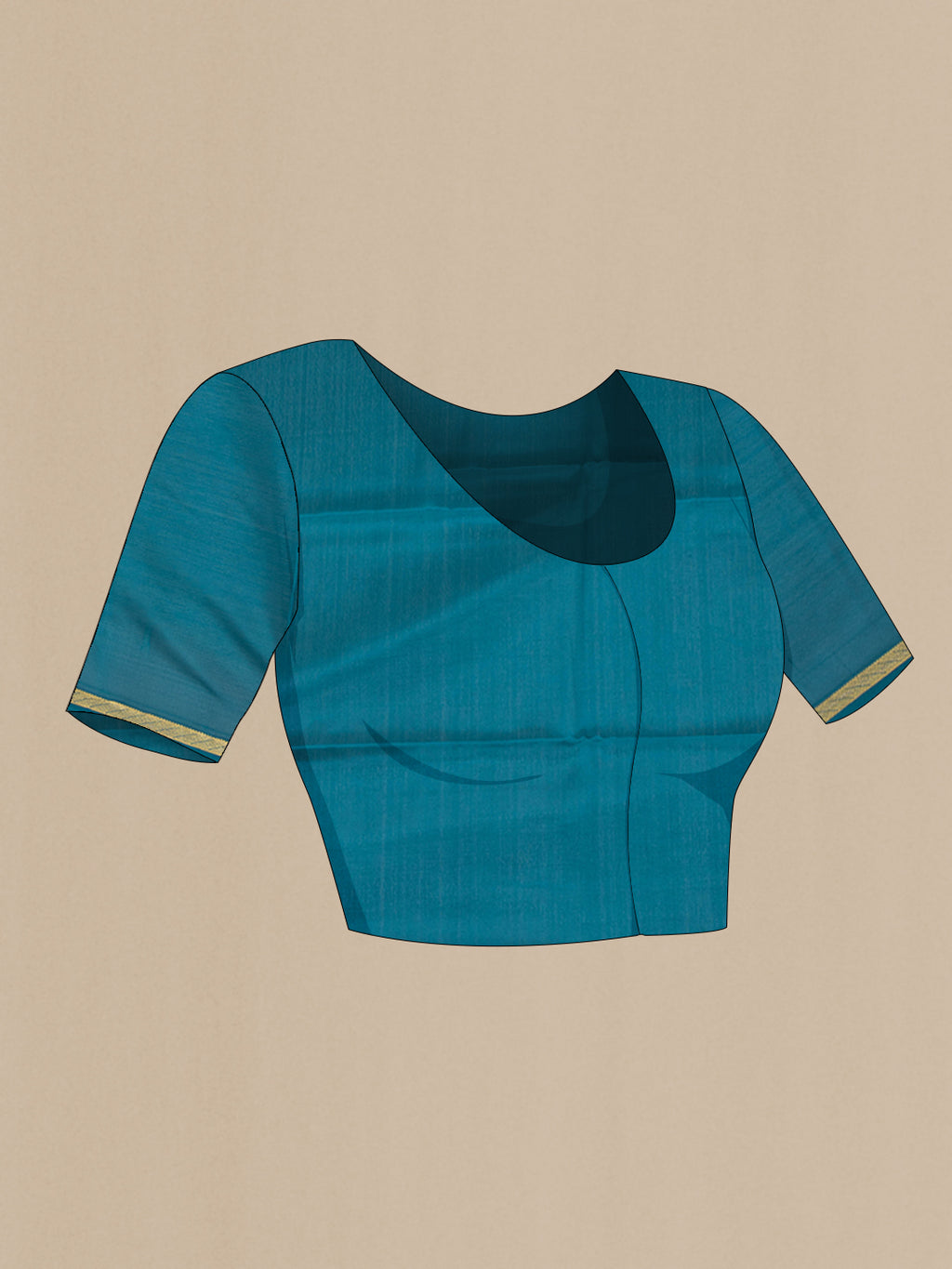 Close up image of the blouse of Peacock Blue Mysore Silk Saree with Plain Body and Zari Border. 