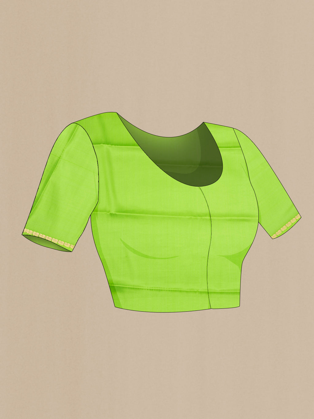 Close up image of the blouse of Parrot Green Mysore Crepe Saree with Plain Body and Zari Border. 