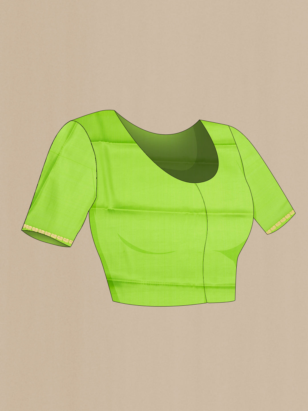 Close up image of the blouse of Parrot Green Mysore Crepe Saree with Plain Body and Zari Border. 
