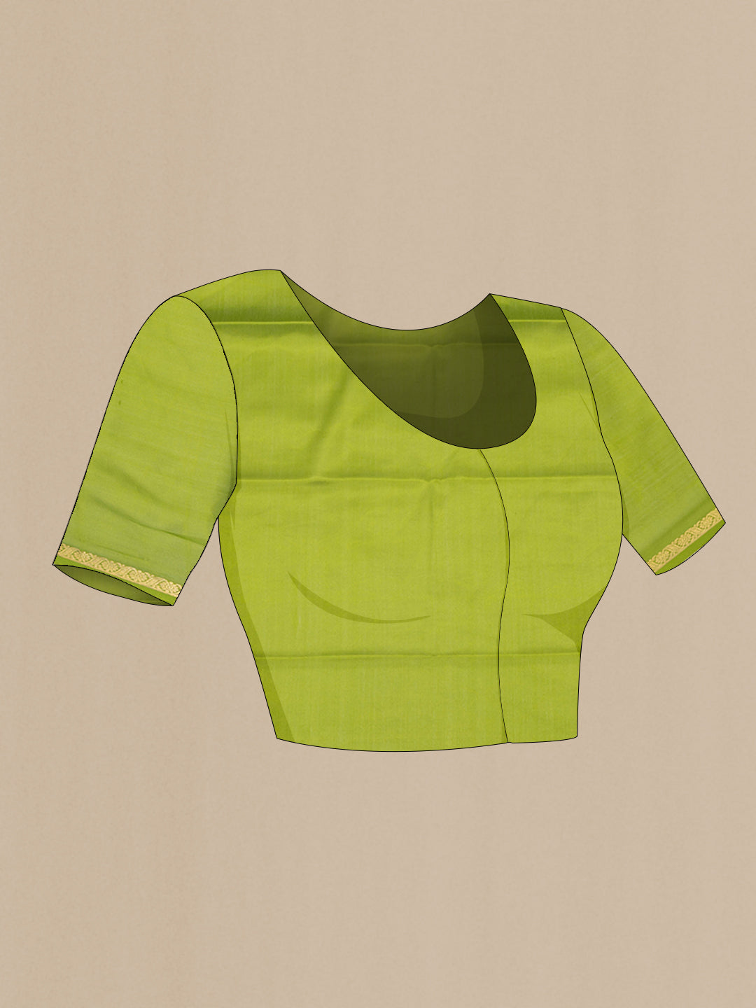 Close up image of the blouse of Mehandi Green Mysore Crepe Saree with Plain Body and Zari Border. 