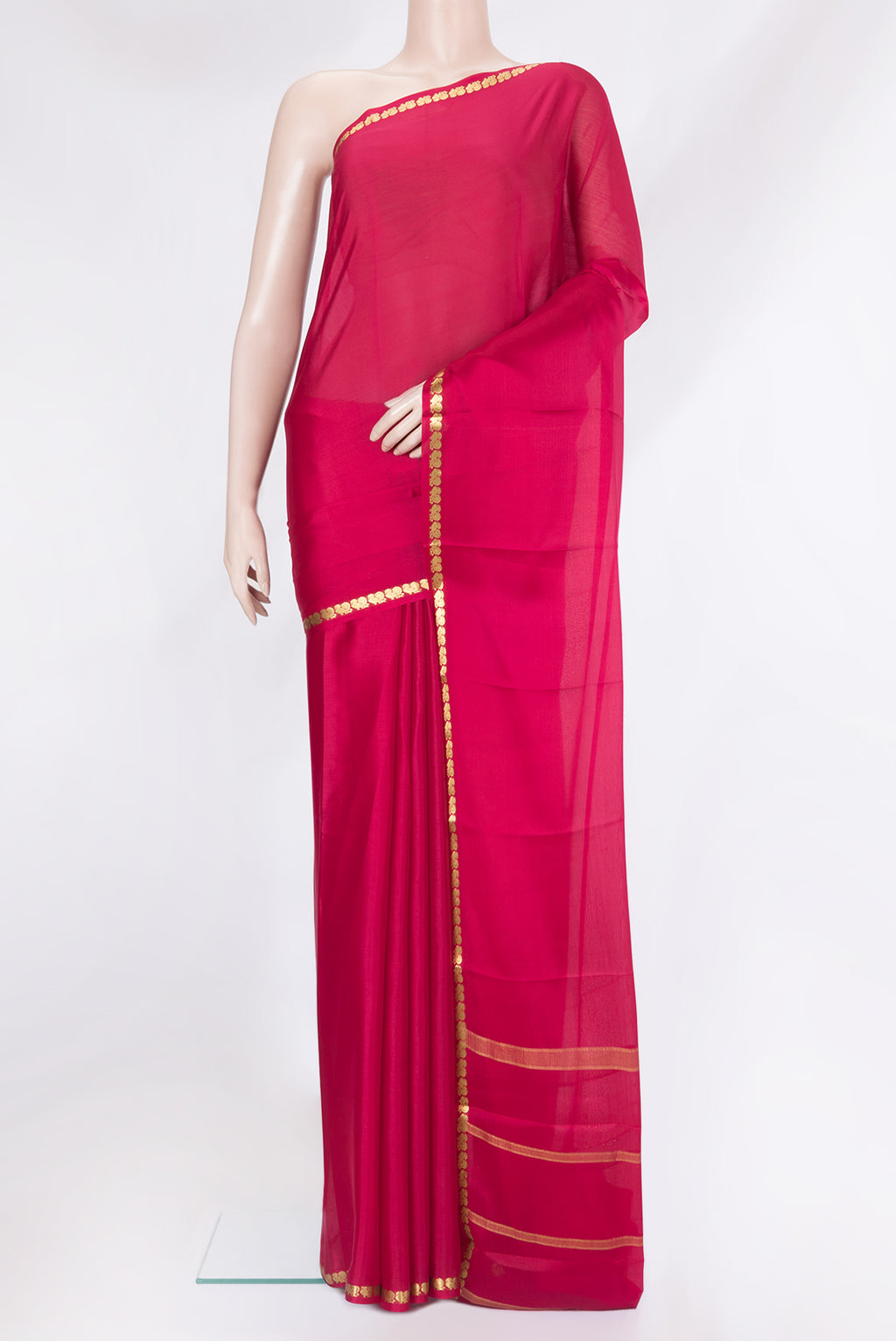 Dark Pink Mysore Silk Saree with Plain Body and Zari Border.  displayed on a mannequin