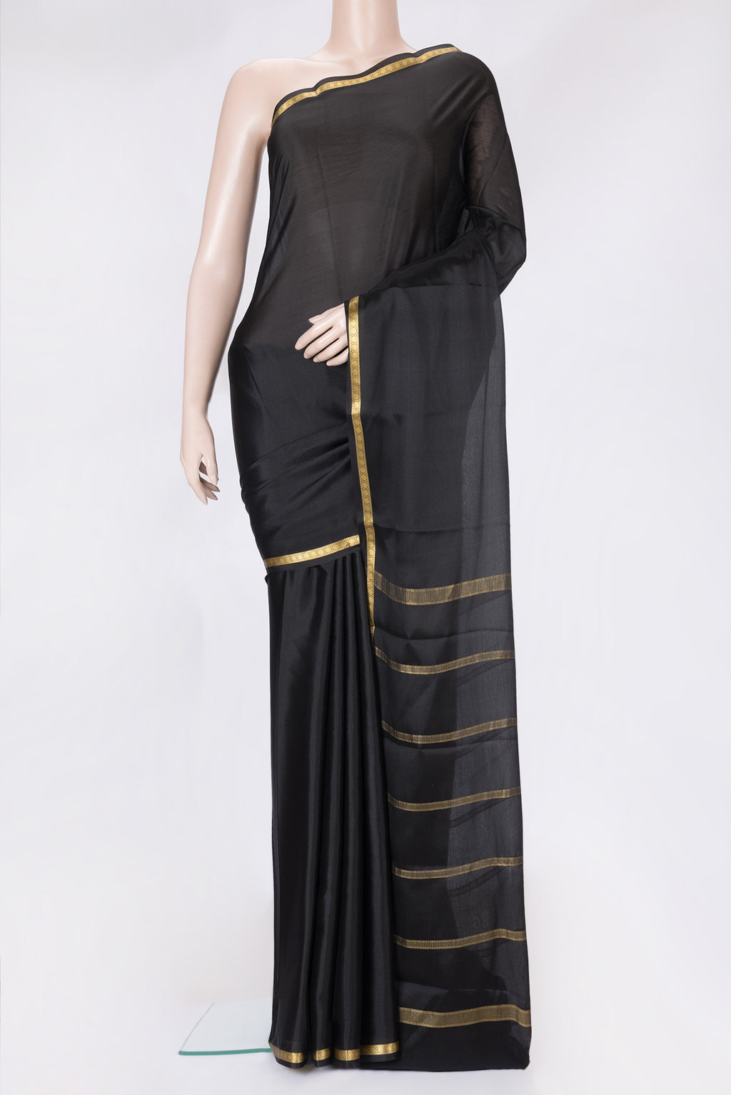 Black Dual Tone Mysore Silk Saree with Plain Body and Zari Border.  displayed on a mannequin