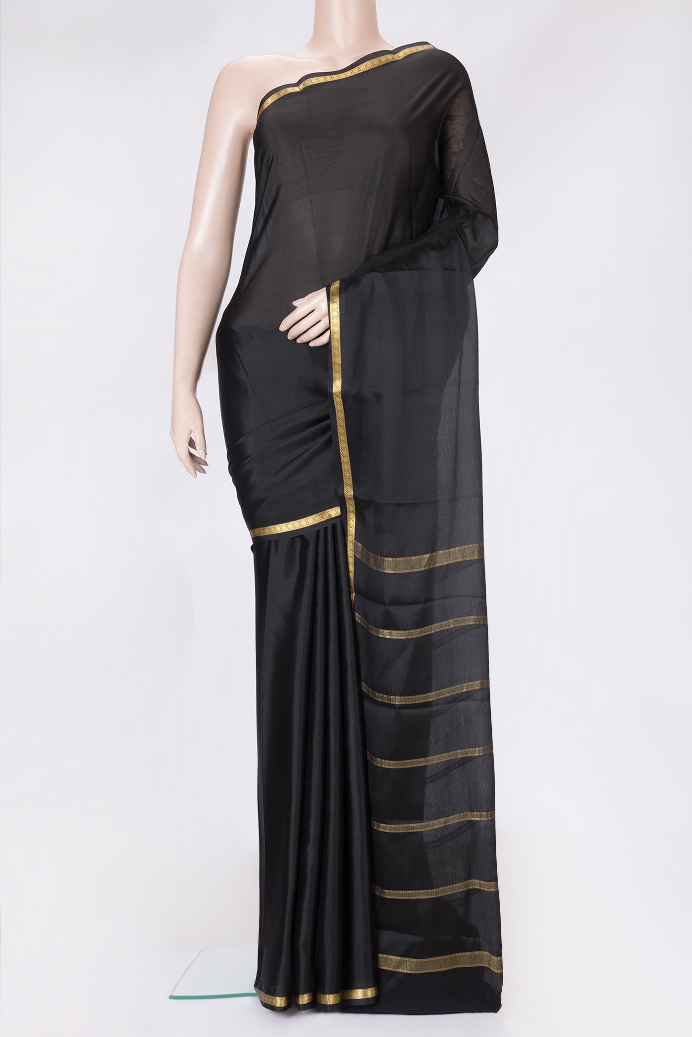 Black Dual Tone Mysore Silk Saree with Plain Body and Zari Border.  displayed on a mannequin