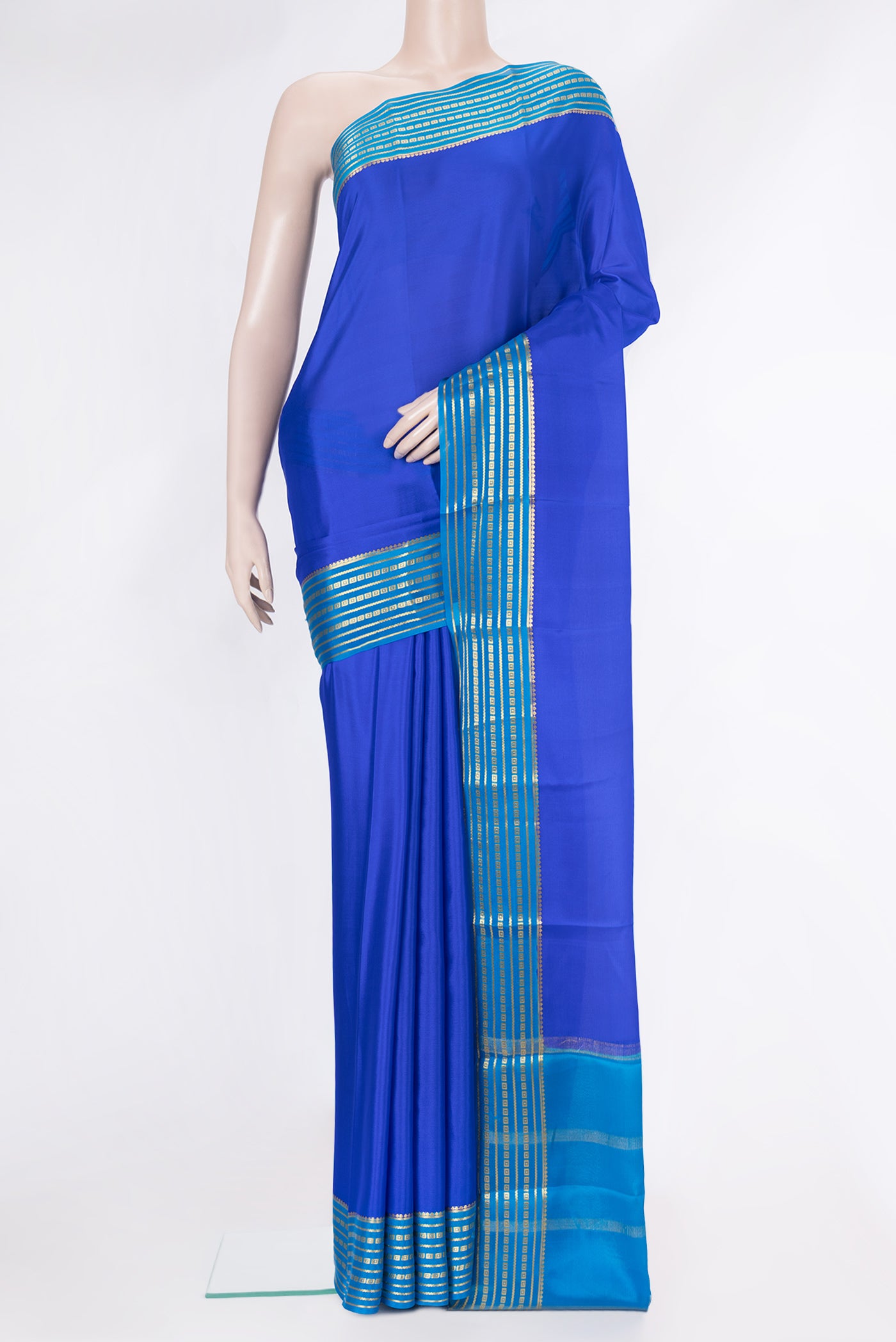 Royal Blue Dual Tone Mysore Silk Saree with Plain Body and Zari Border.  displayed on a mannequin